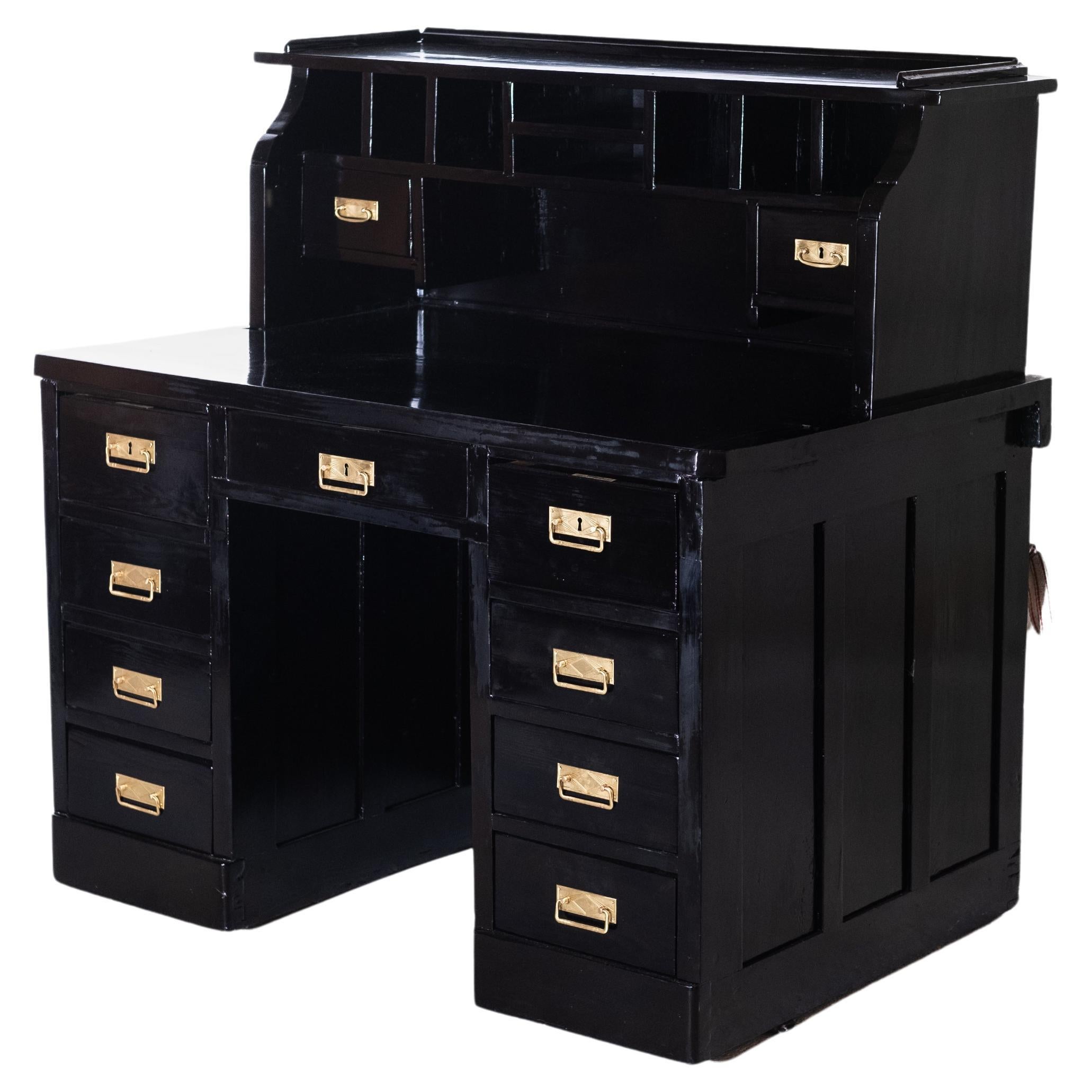 Black Art Nouveau Writing Desk with 11 Drawers, around 1910 For Sale