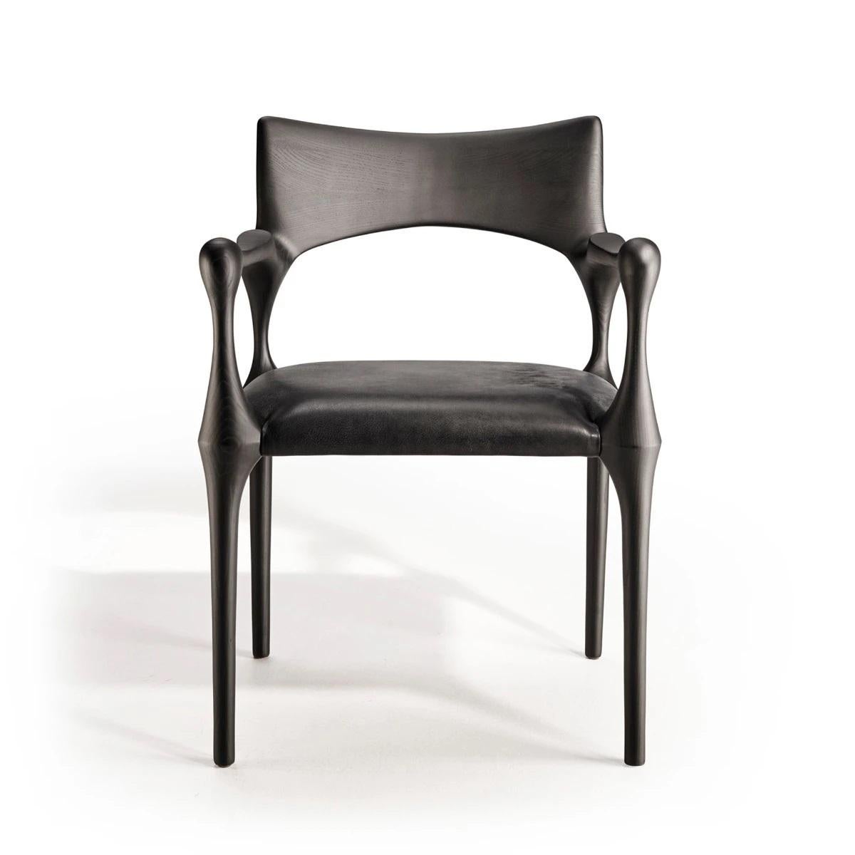 Hand-Crafted Black Ash Dining Chair with Black Leather Seat