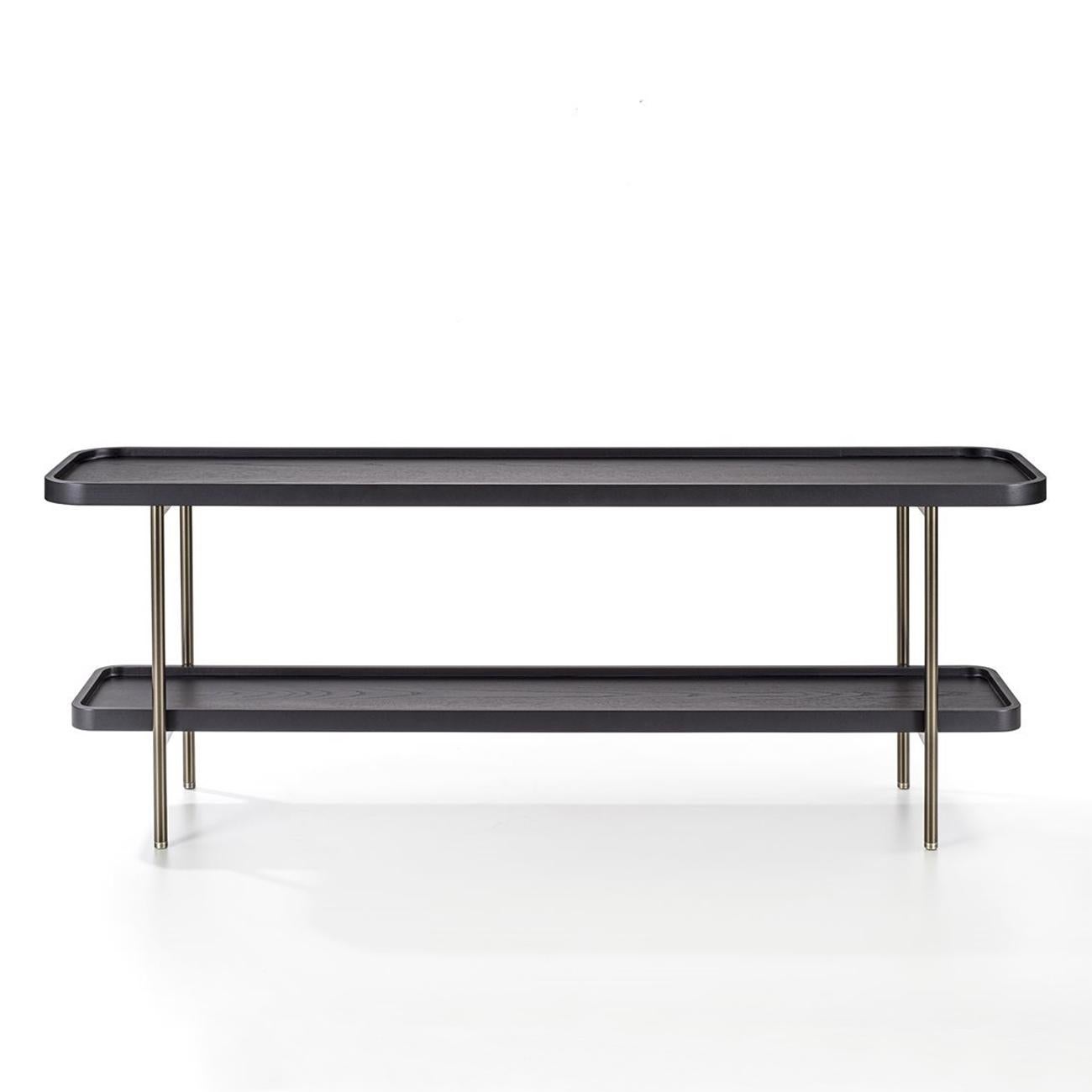 Console table black ash tops with structure
And feet in solid bronze. With up and down tops
In solid ash wood stained in black finish.
Also available in natural ash finish on request.