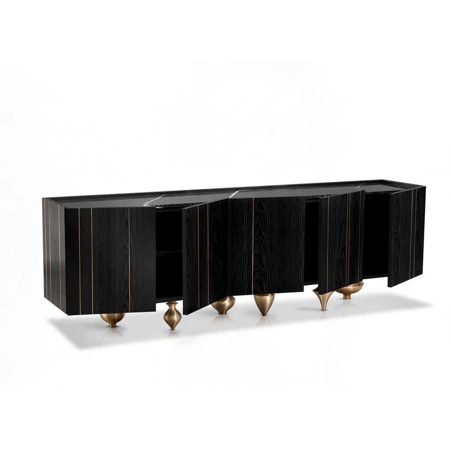 Italian Black Ash wood Sideboard Marquina Marble, Made In Italy For Sale