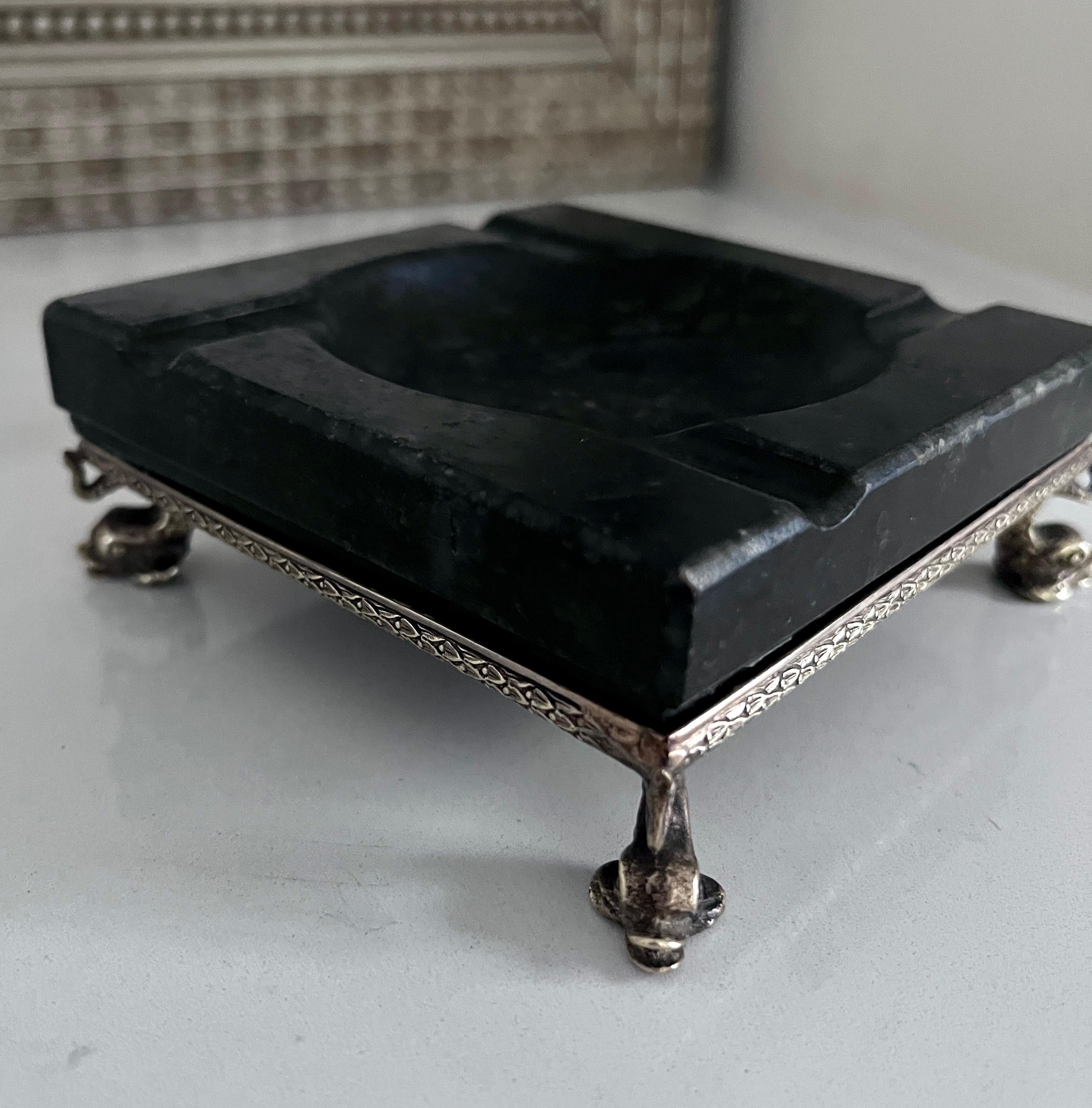 Mid-Century Modern Black Ashtray Stone Atop a Brass Tray with Serpents for Cigars Cigarettes 420  For Sale