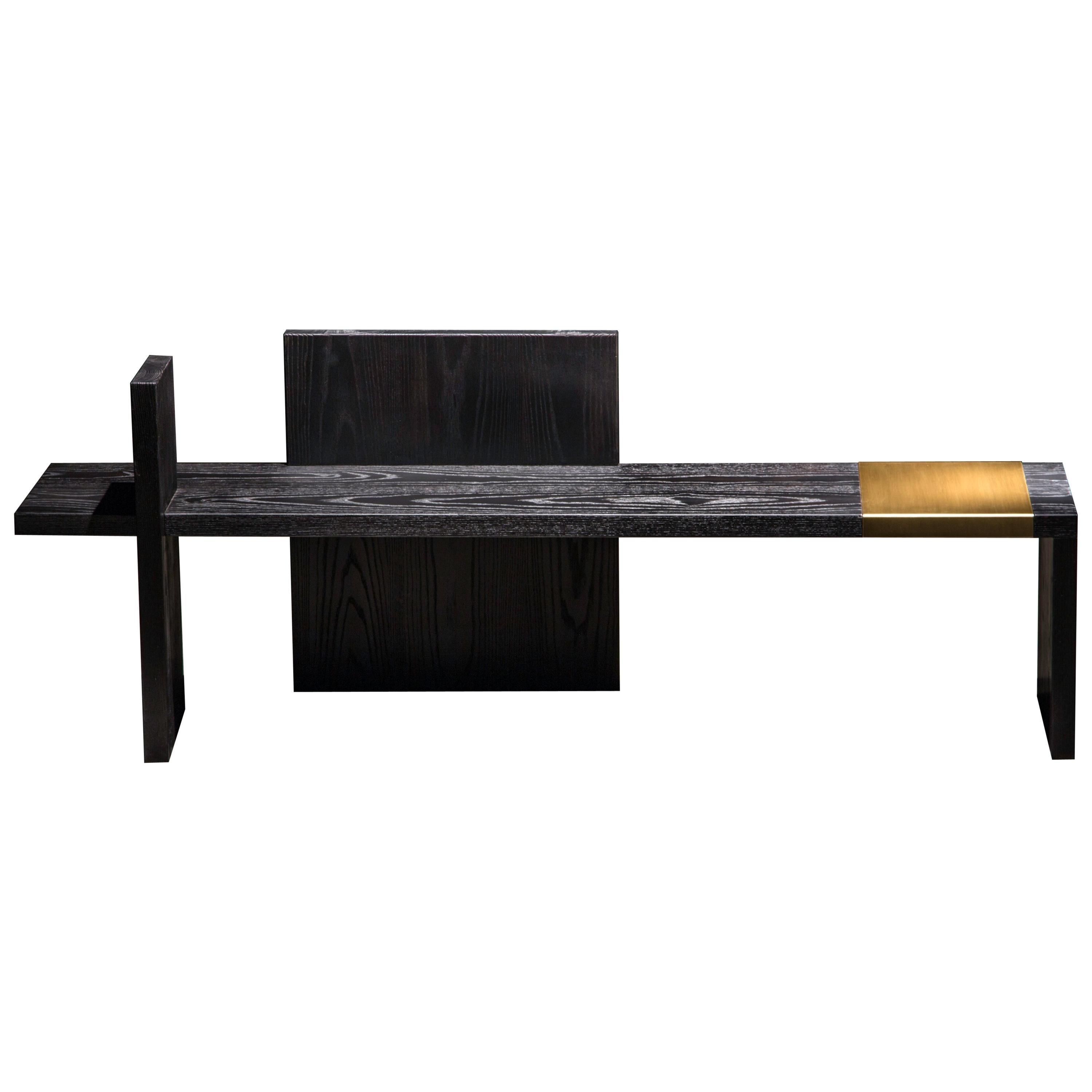 Black Ash wood Bench with Brushed Brass Inlay "Montcalm Bench" For Sale