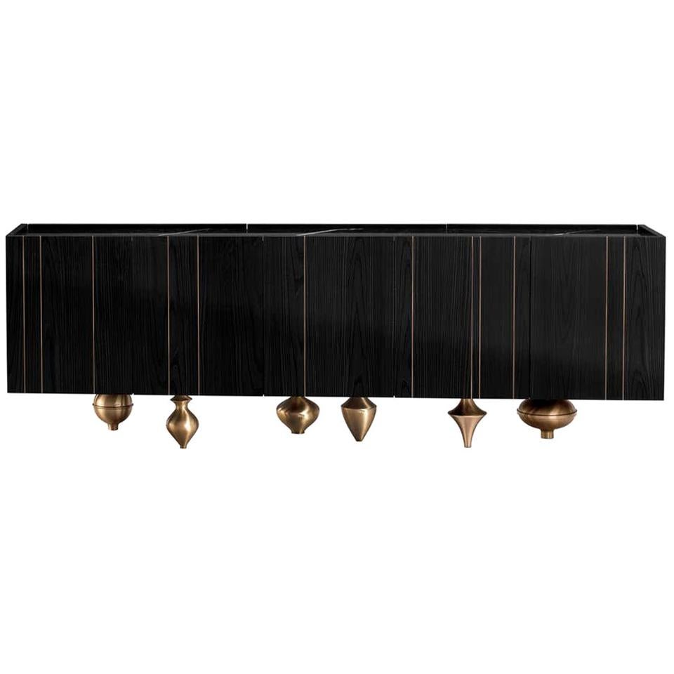 Black Ash wood Sideboard Marquina Marble, Made In Italy