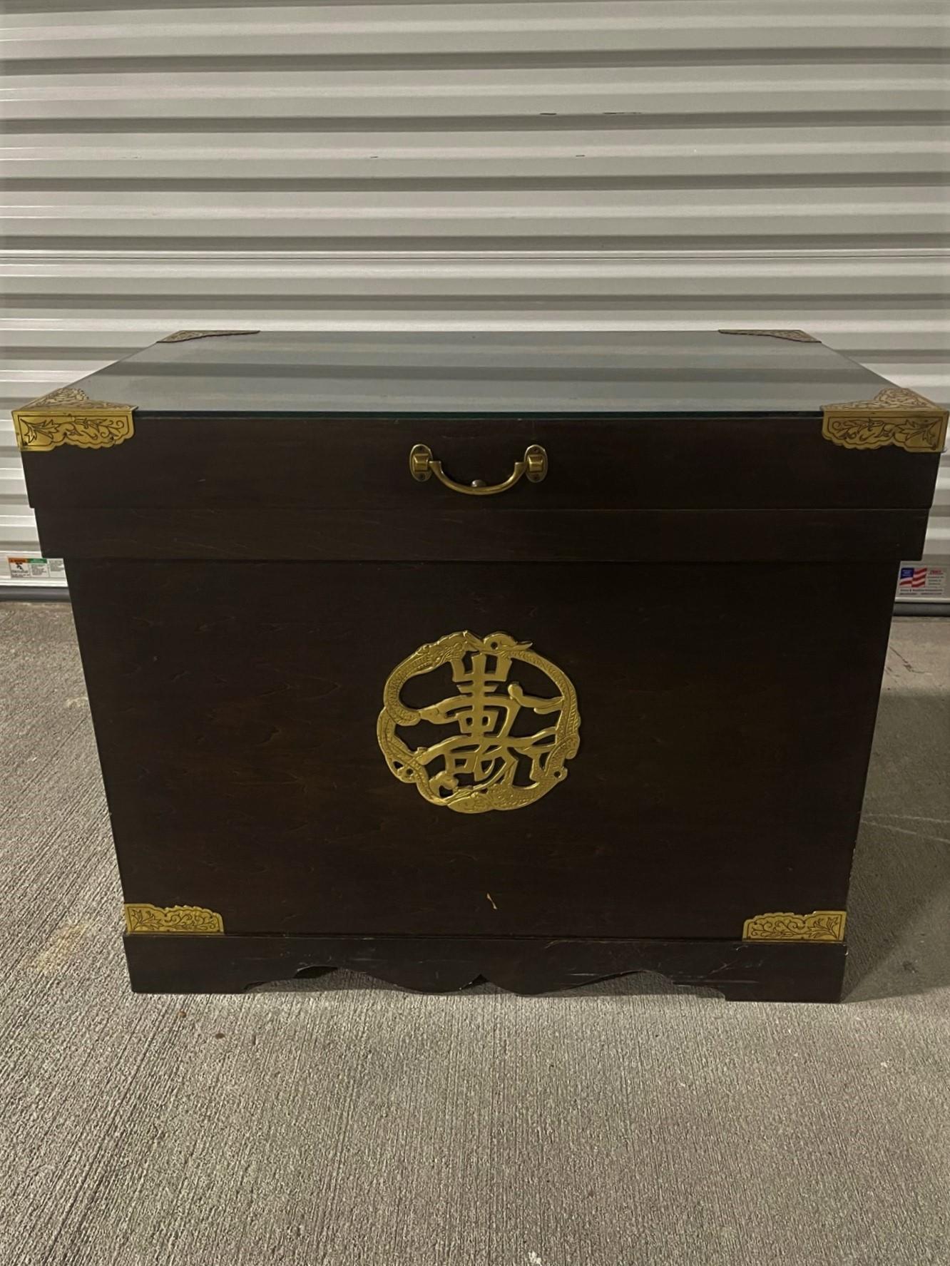 Black Asian trunk with brass fittings, Early 20th century. Glass top that can be removed.