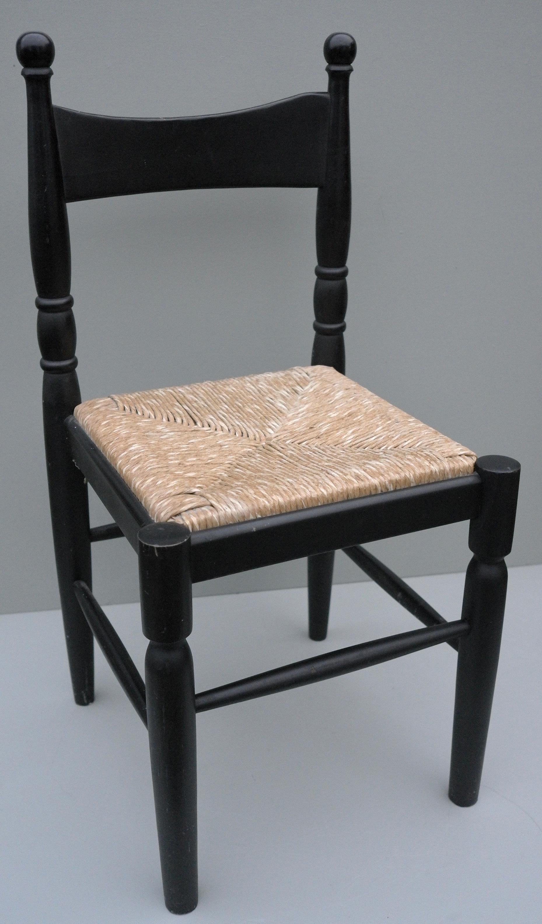 Mid-Century Modern Black Asymmetric Surrealist Wood and Rush Side Chair, France, 1960s For Sale