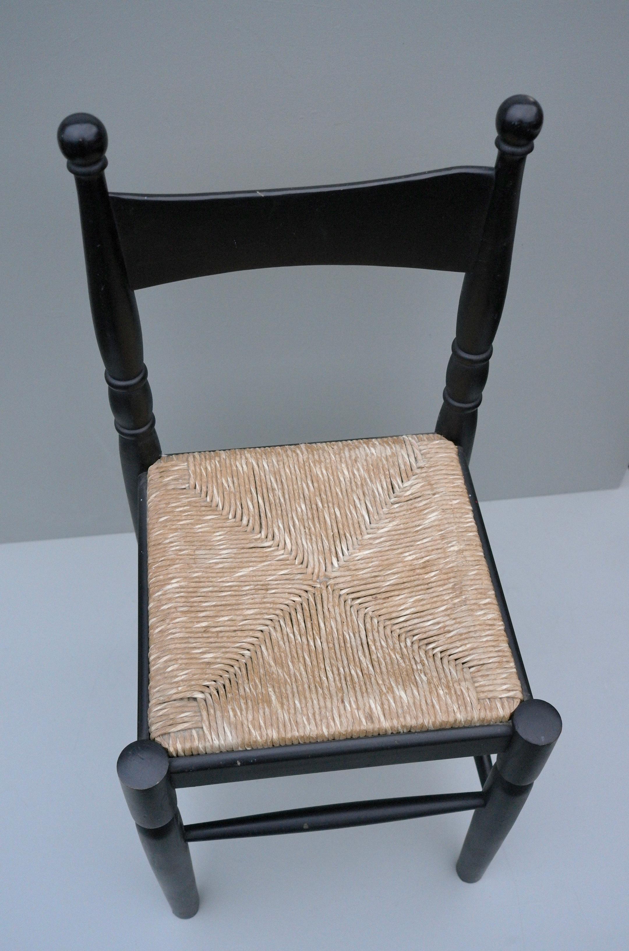 Mid-20th Century Black Asymmetric Surrealist Wood and Rush Side Chair, France, 1960s For Sale