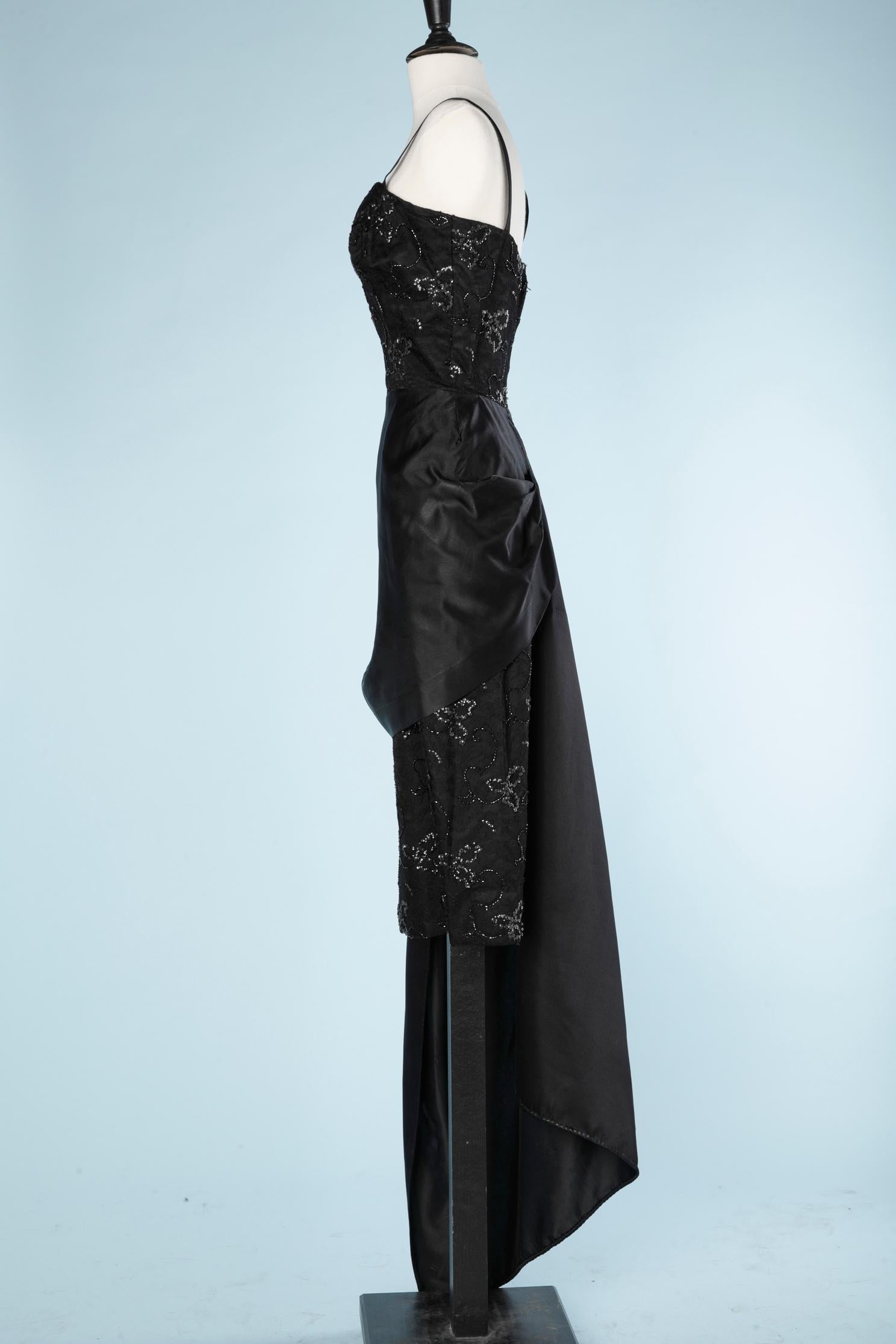 Black asymmetrical cocktail dress in satin and beaded lace Marusia  For Sale 1