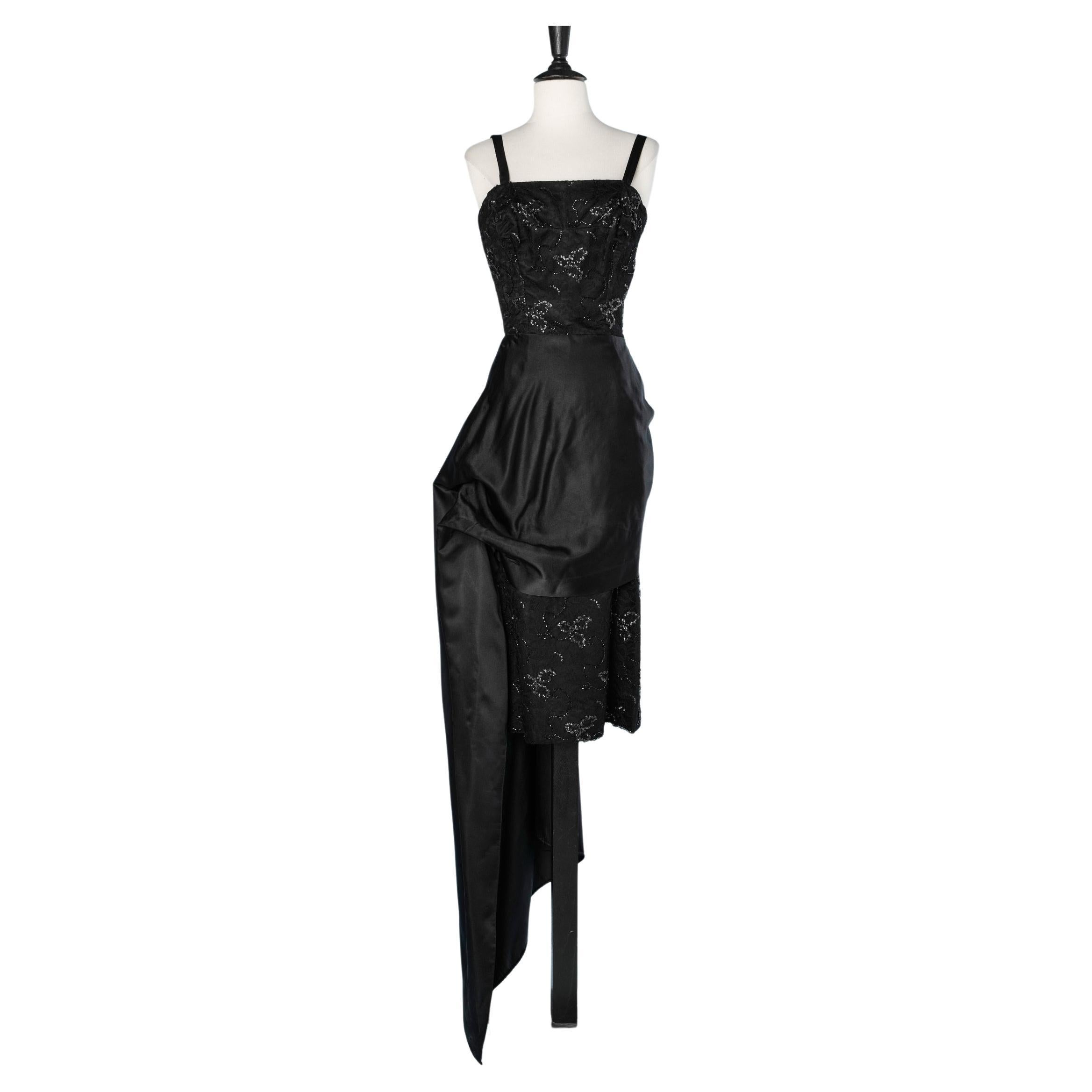 Black asymmetrical cocktail dress in satin and beaded lace Marusia  For Sale