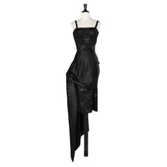Black asymmetrical cocktail dress in satin and beaded lace Marusia 