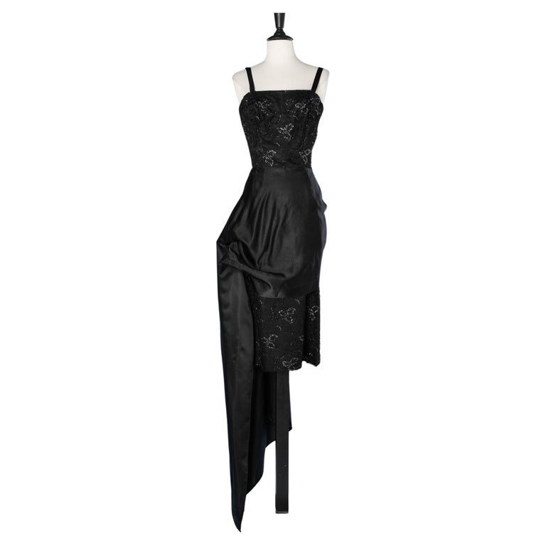Black asymmetrical cocktail dress in satin and beaded lace Marusia For Sale  at 1stDibs