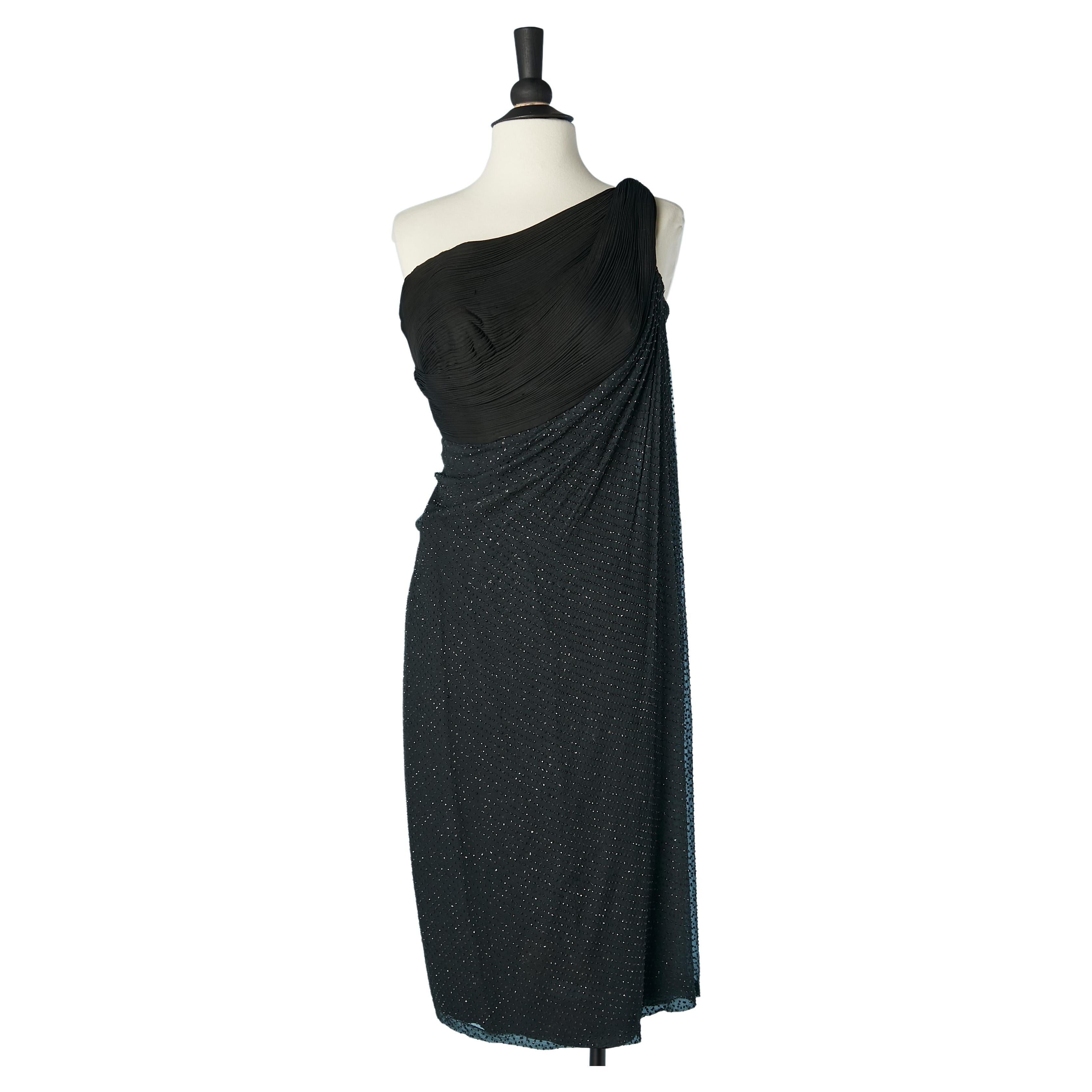 Black asymmetrical cocktail dress pleated and draped Grès 1962 For Sale