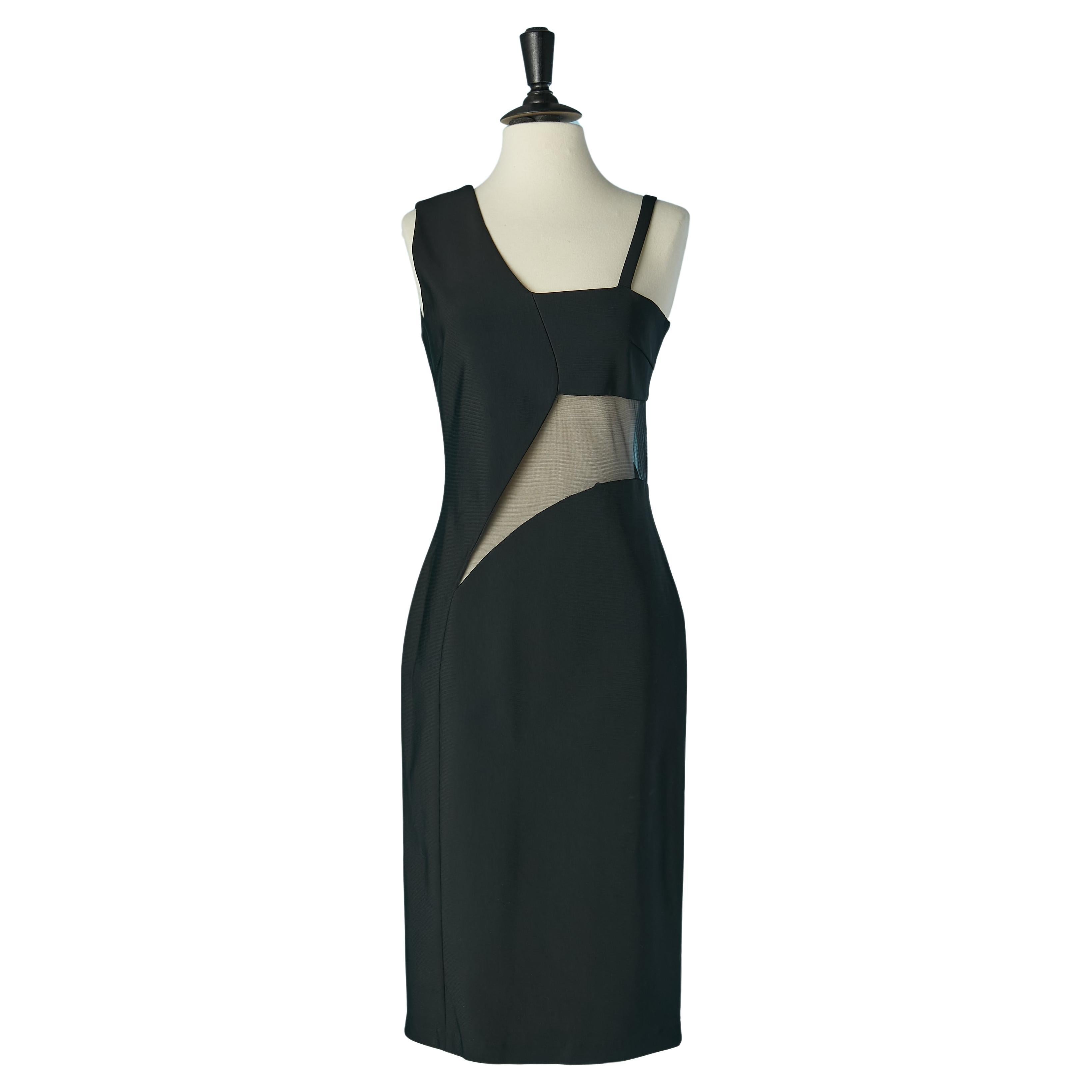 Black asymmetrical cocktail dress with cut-work and transparent inset MUGLER For Sale