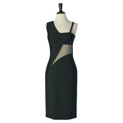 Vestido de cóctel asimétrico negro con corte y aplicaciones transparentes MUGLER