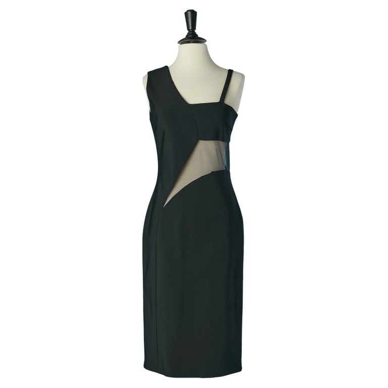 Black asymmetrical cocktail dress with cut-work and transparent inset  MUGLER For Sale at 1stDibs