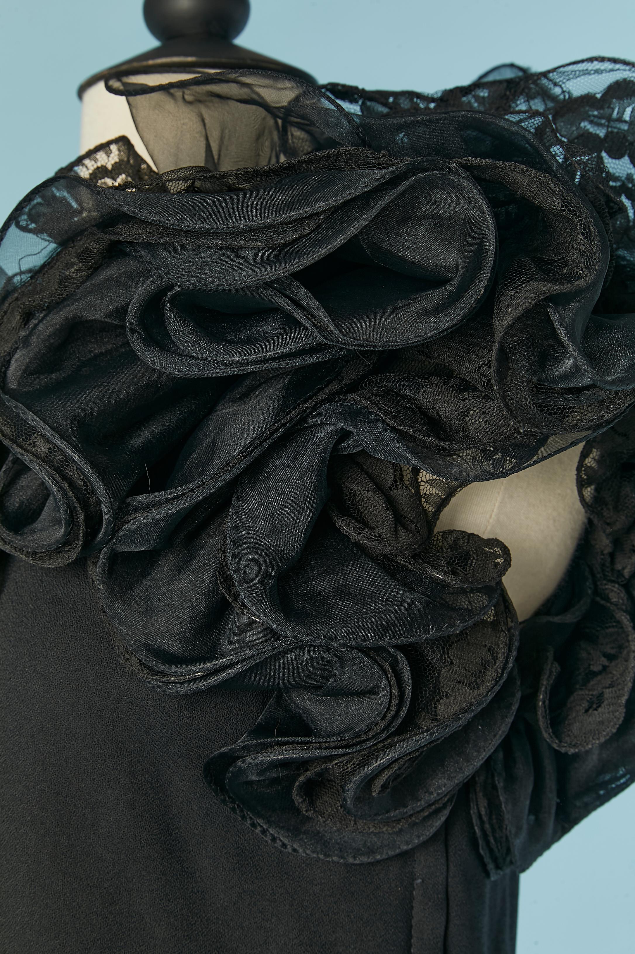 Black asymmetrical cocktail dress with ruffles on the neckline Victor Costa For Sale 1