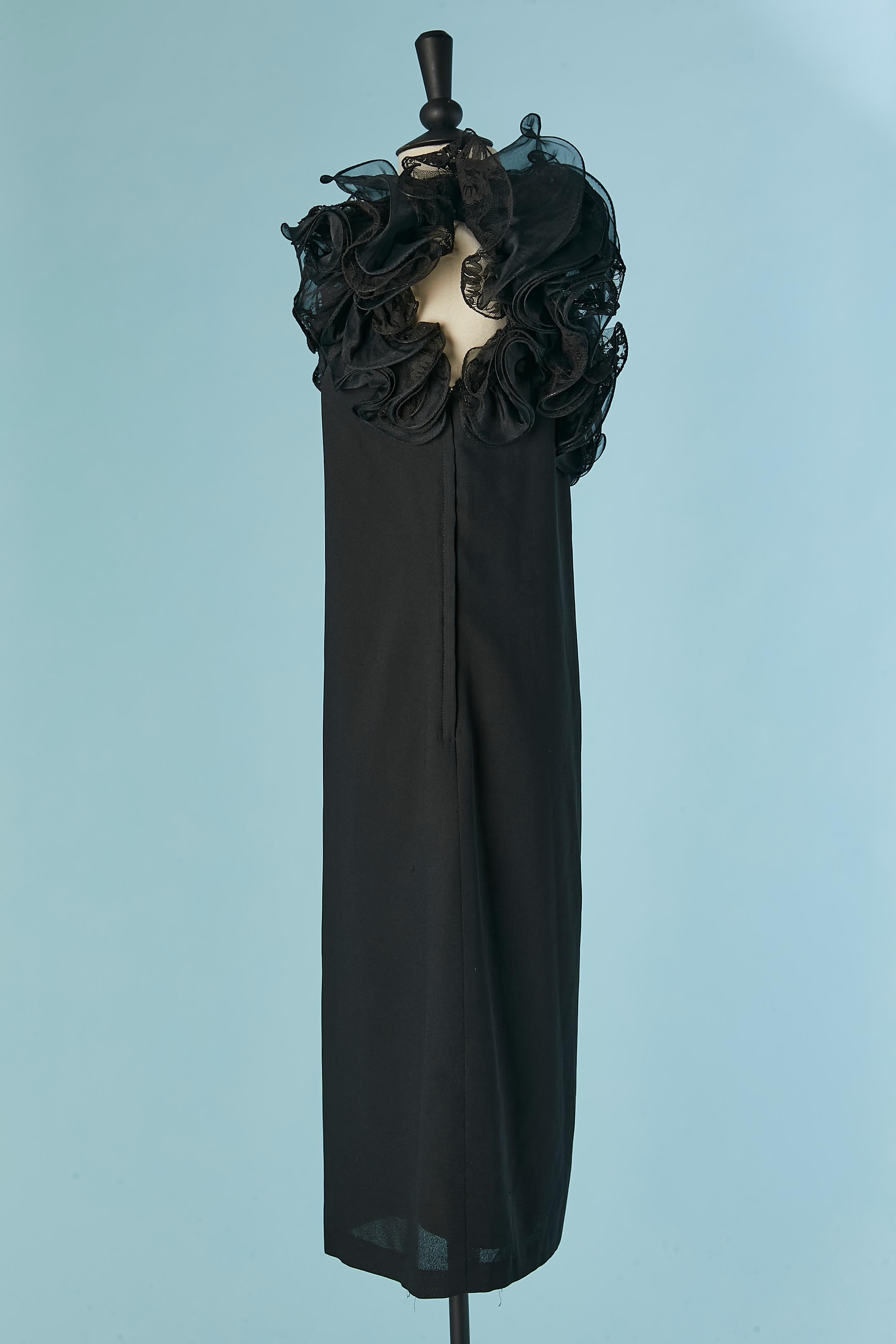 Black asymmetrical cocktail dress with ruffles on the neckline Victor Costa For Sale 2