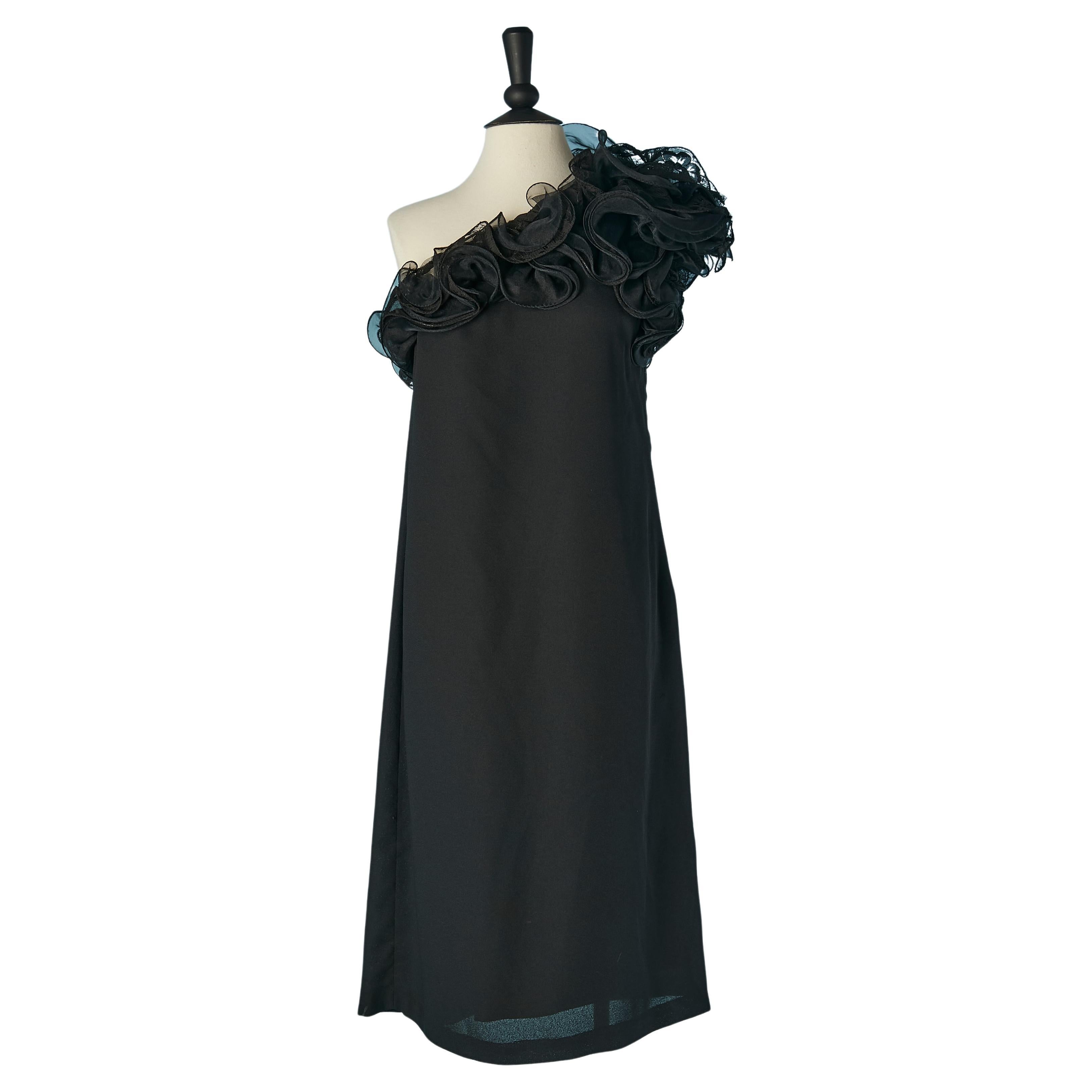 Black asymmetrical cocktail dress with ruffles on the neckline Victor Costa For Sale