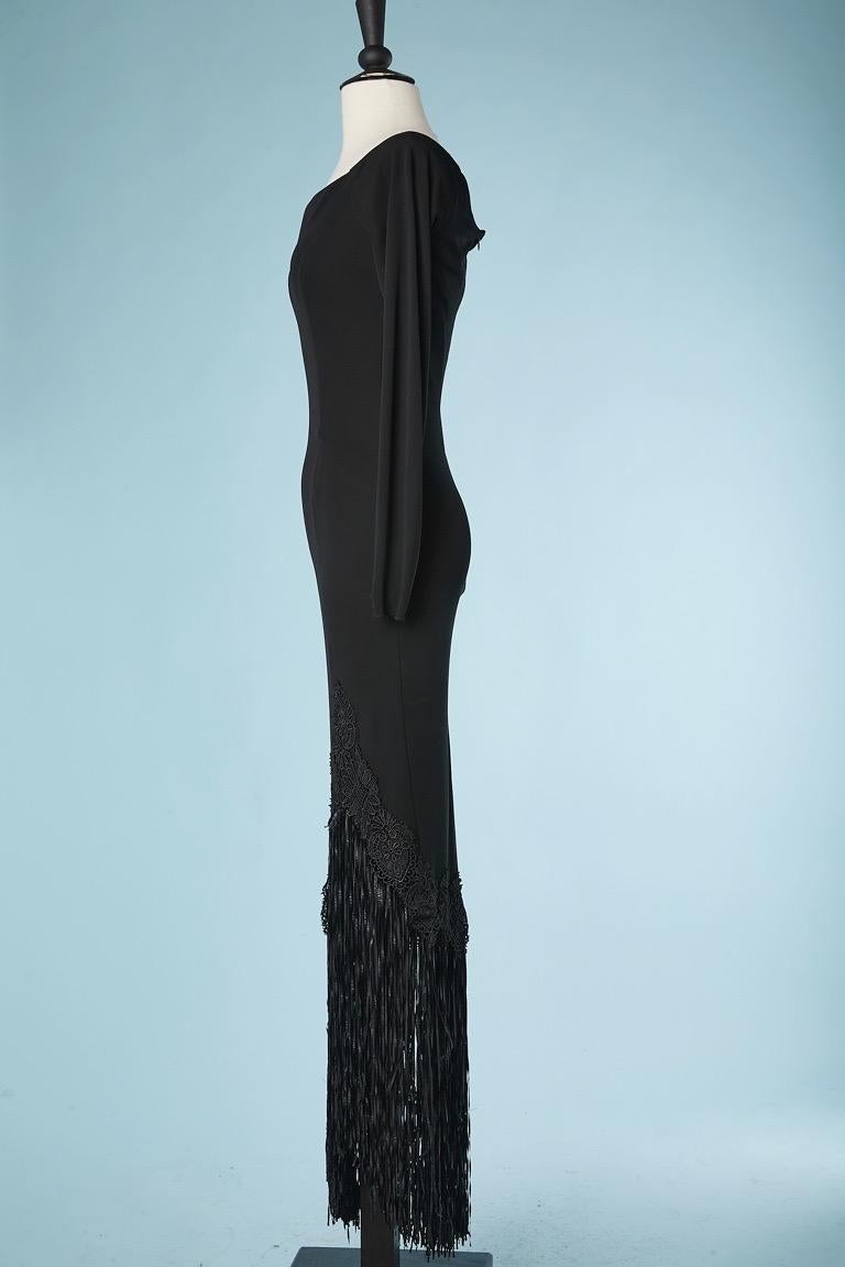 Women's Black asymmetrical jersey evening dress with fringes  JIKI Monté-Carlo  For Sale