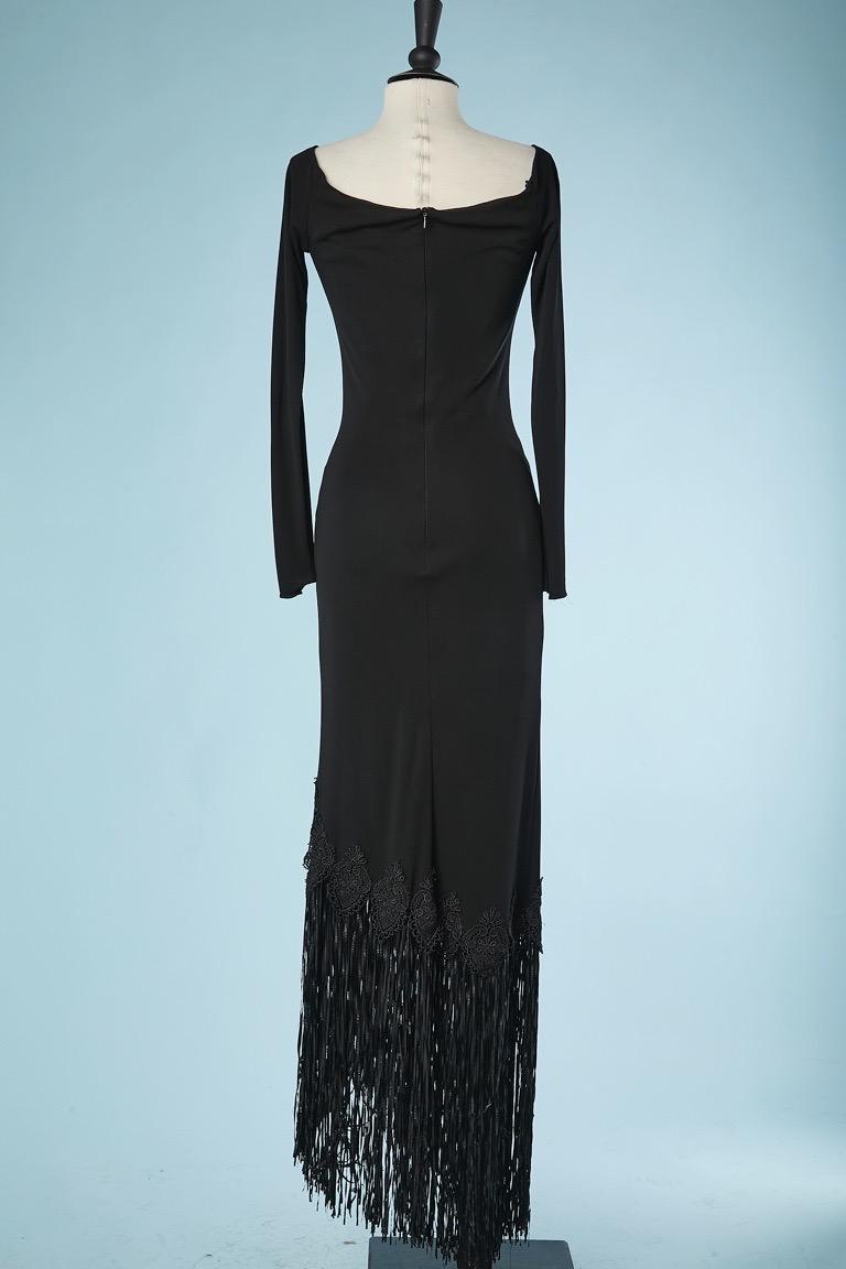 Black asymmetrical jersey evening dress with fringes  JIKI Monté-Carlo  For Sale 1
