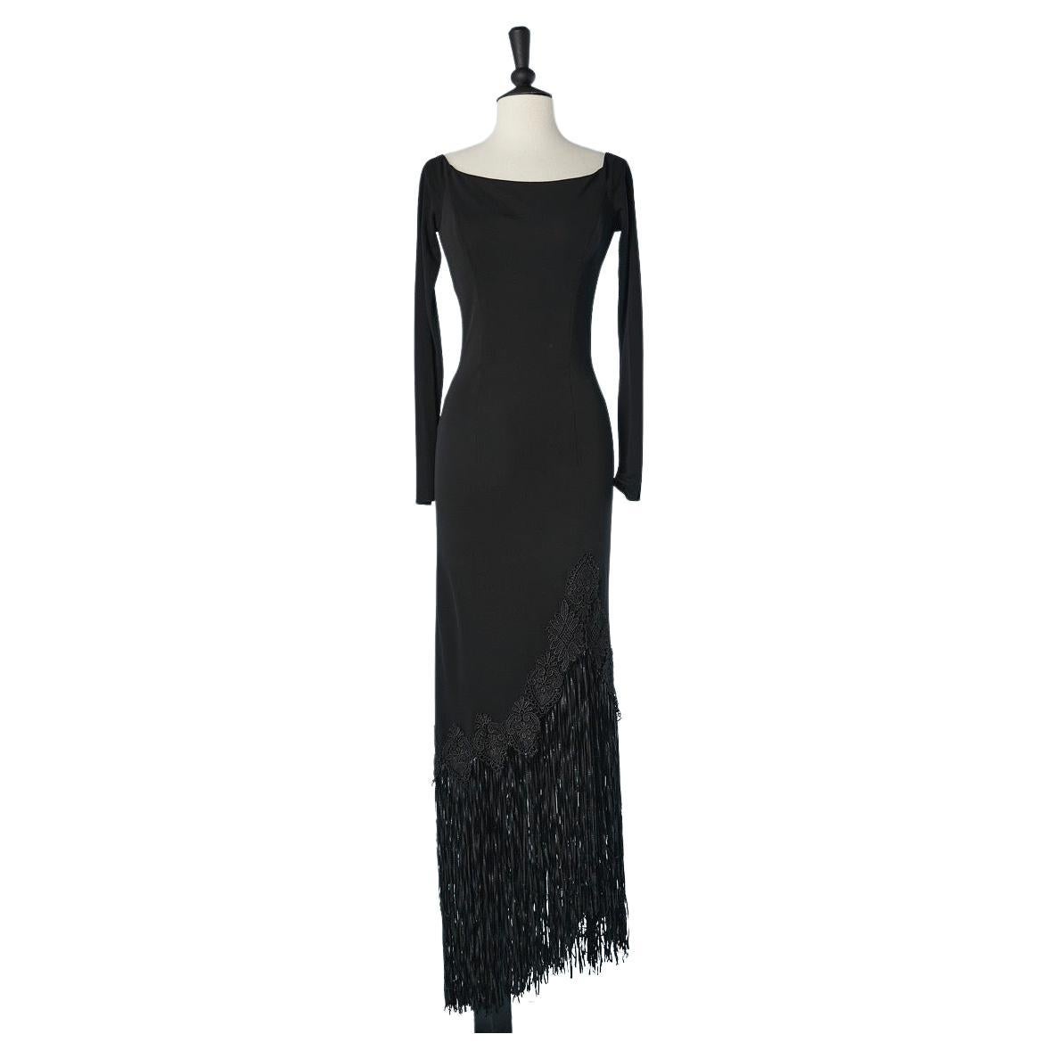 Black asymmetrical jersey evening dress with fringes  JIKI Monté-Carlo  For Sale