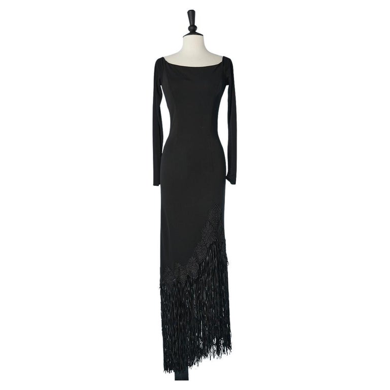 Black asymmetrical jersey evening dress with fringes JIKI Mont-Carlo For  Sale at 1stDibs