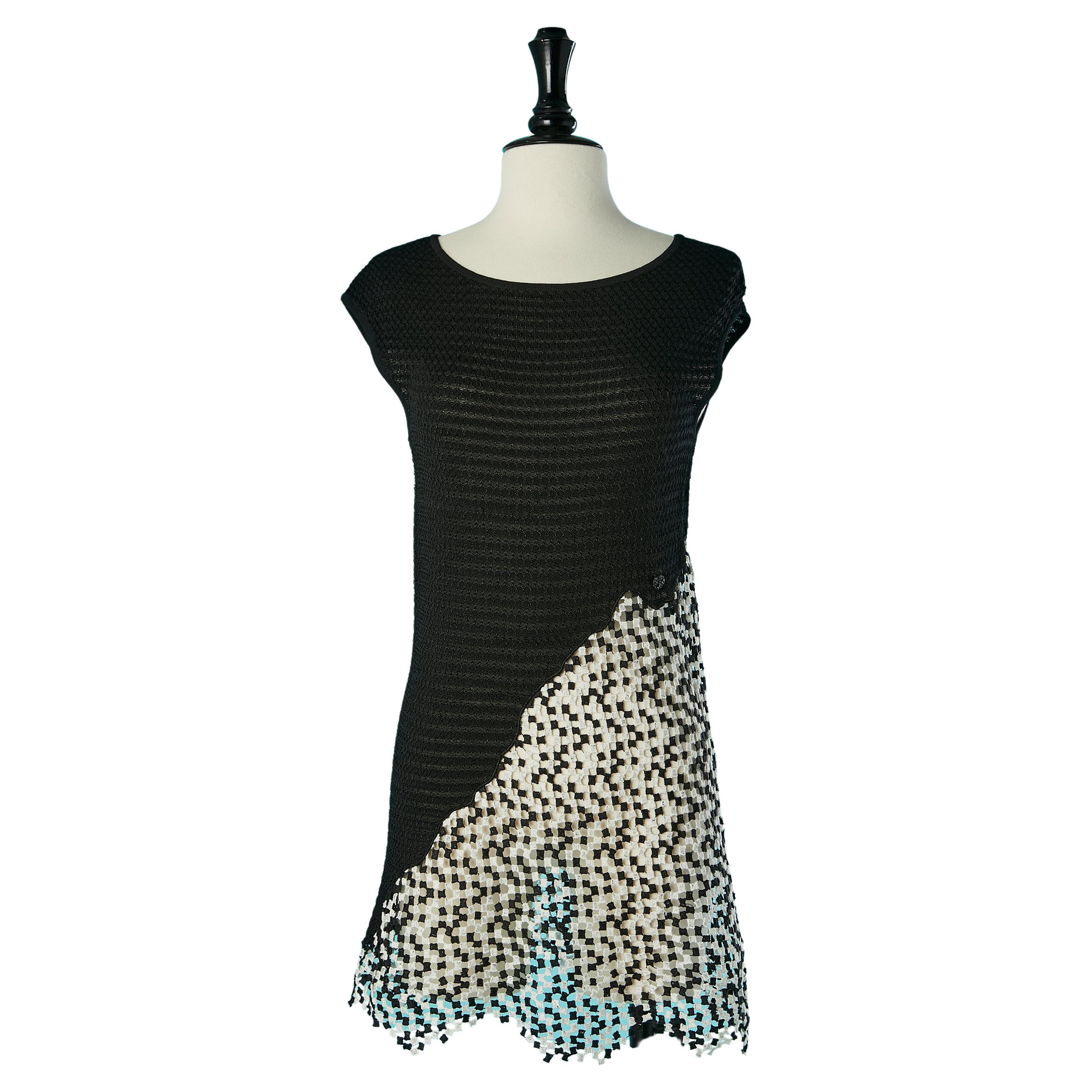 Black asymmetrical knit sleeveless dress with black & white inset lace Chanel  For Sale