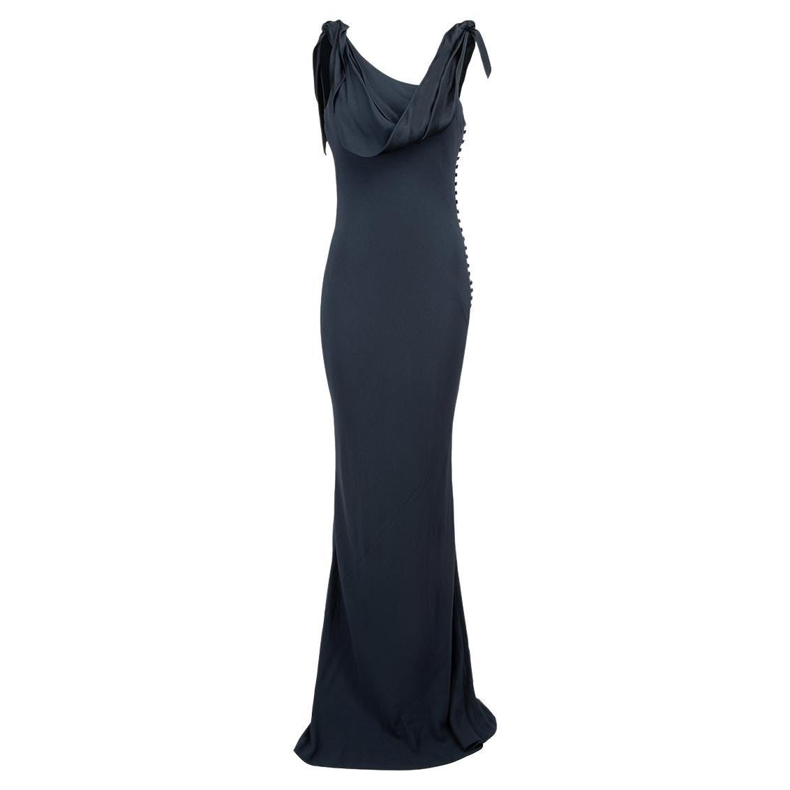 Navy Cowl Neck Bias-Cut Evening Gown Size L For Sale