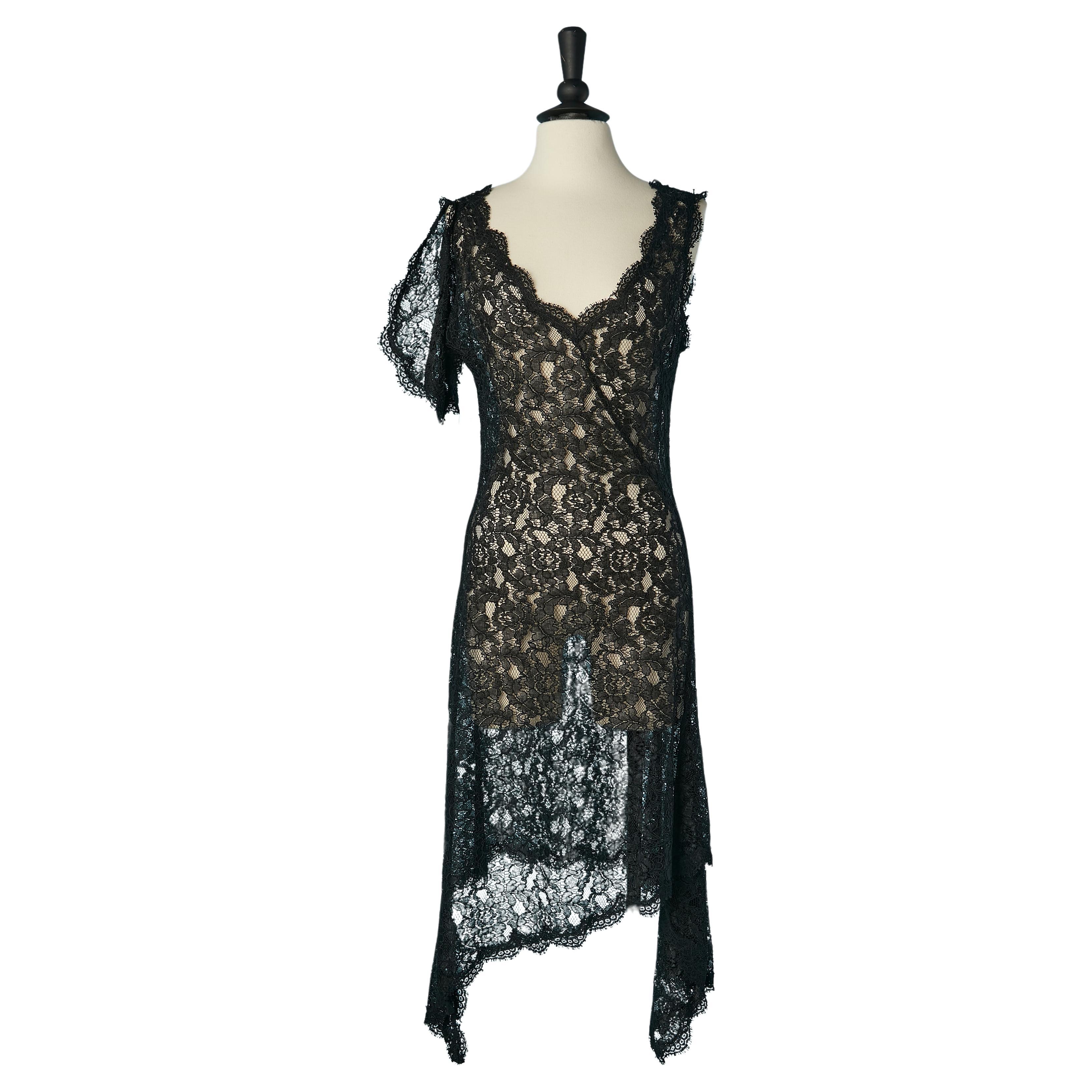 Black asymmetrical see-through lace cocktail dress Diane Von Furstenberg For Sale