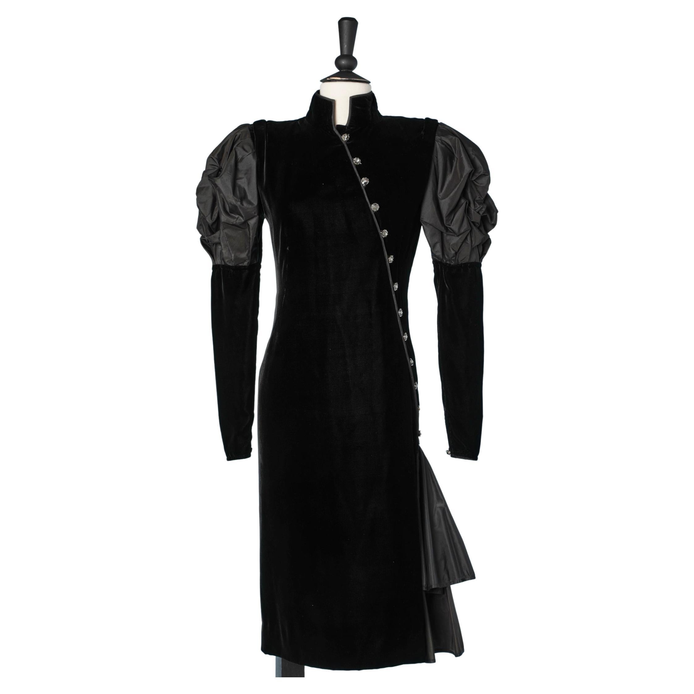 Black asymmetrical silk velvet cocktail dress with oversize taffetas sleeves  For Sale