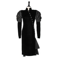Black asymmetrical silk velvet cocktail dress with oversize taffetas sleeves 