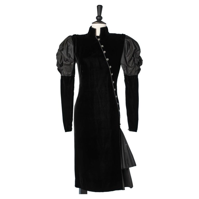 Black asymmetrical silk velvet cocktail dress with oversize taffetas ...