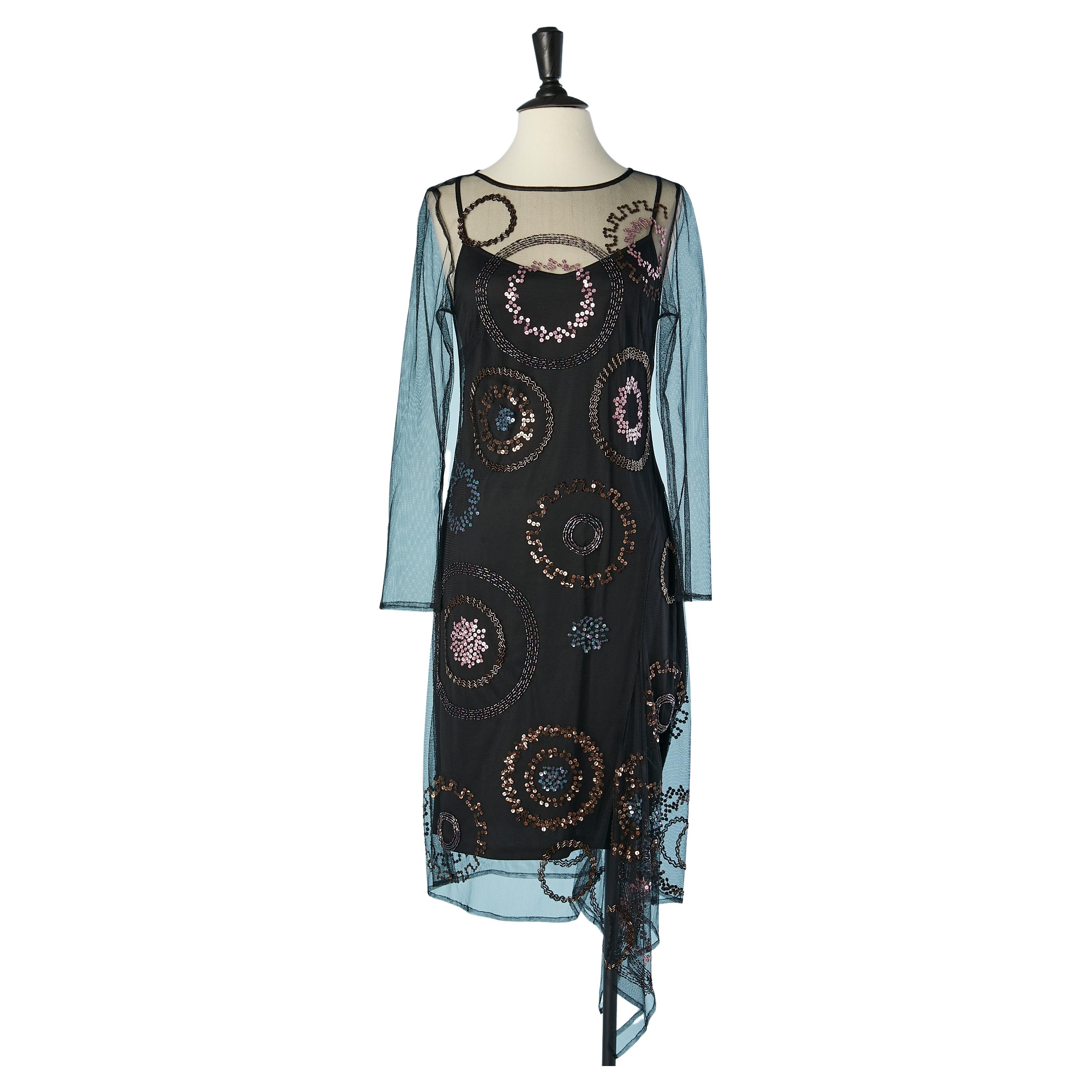 Schwarzes asymmetrisches Cocktailkleid aus Tüll mit Perlenstickerei Studio Gianfranco Ferré im Angebot