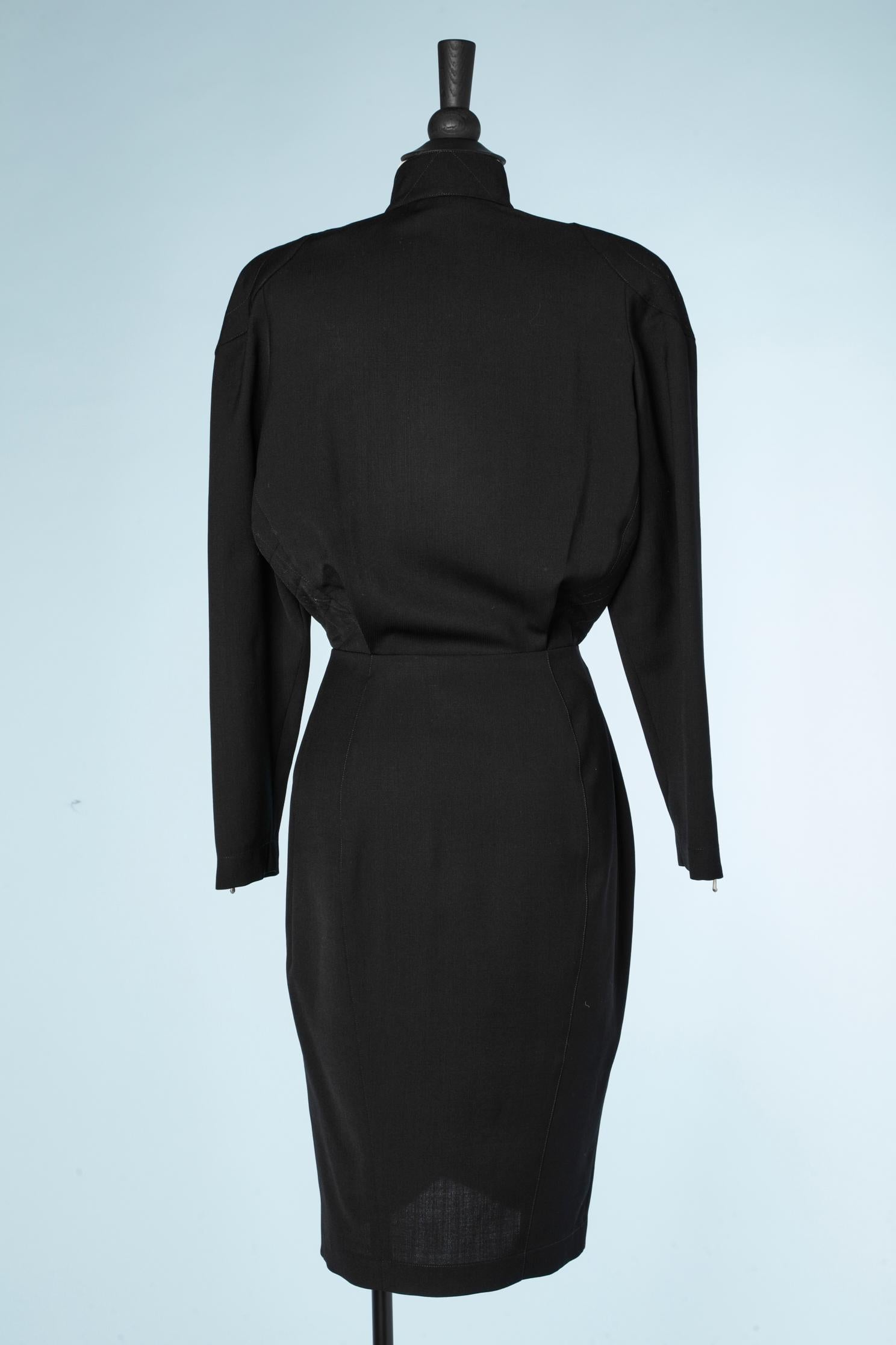 Black Asymmetrical wrap dress in thin wool with side zip Thierry Mugler  For Sale 1