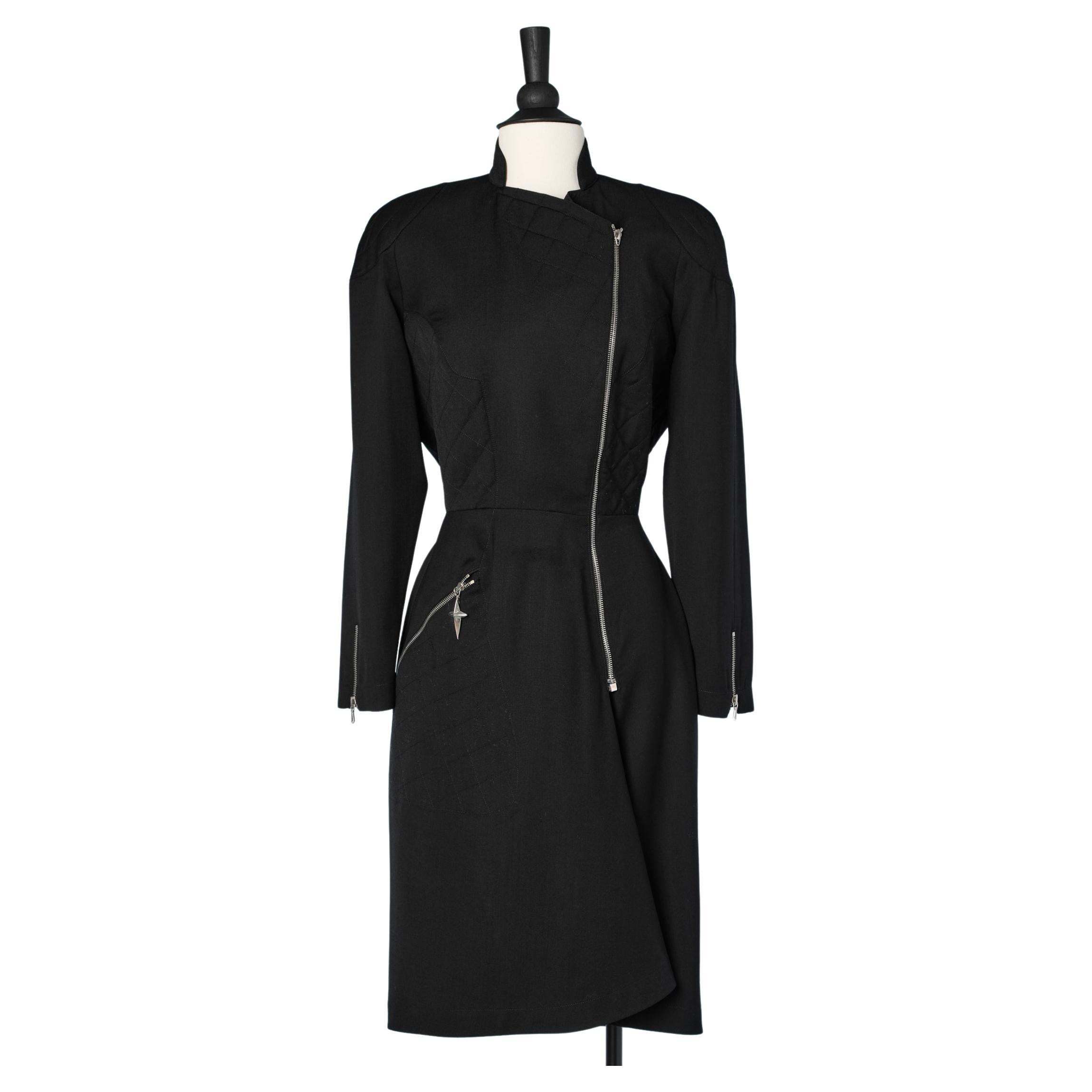 Black Asymmetrical wrap dress in thin wool with side zip Thierry Mugler  For Sale