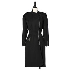 Vintage Black Asymmetrical wrap dress in thin wool with side zip Thierry Mugler 