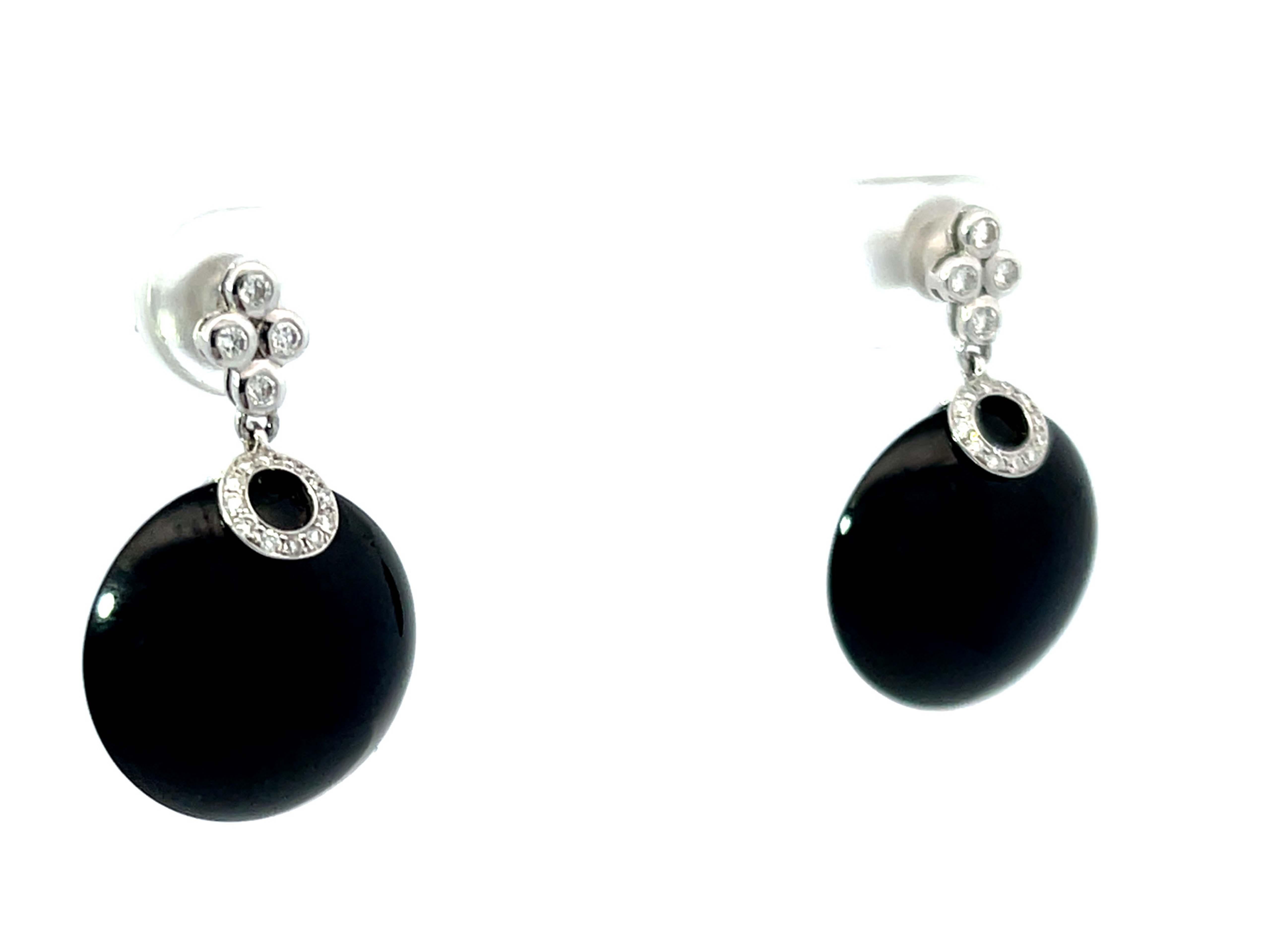 Round Cut Black Augite and Diamond Earrings in 18k White Gold For Sale