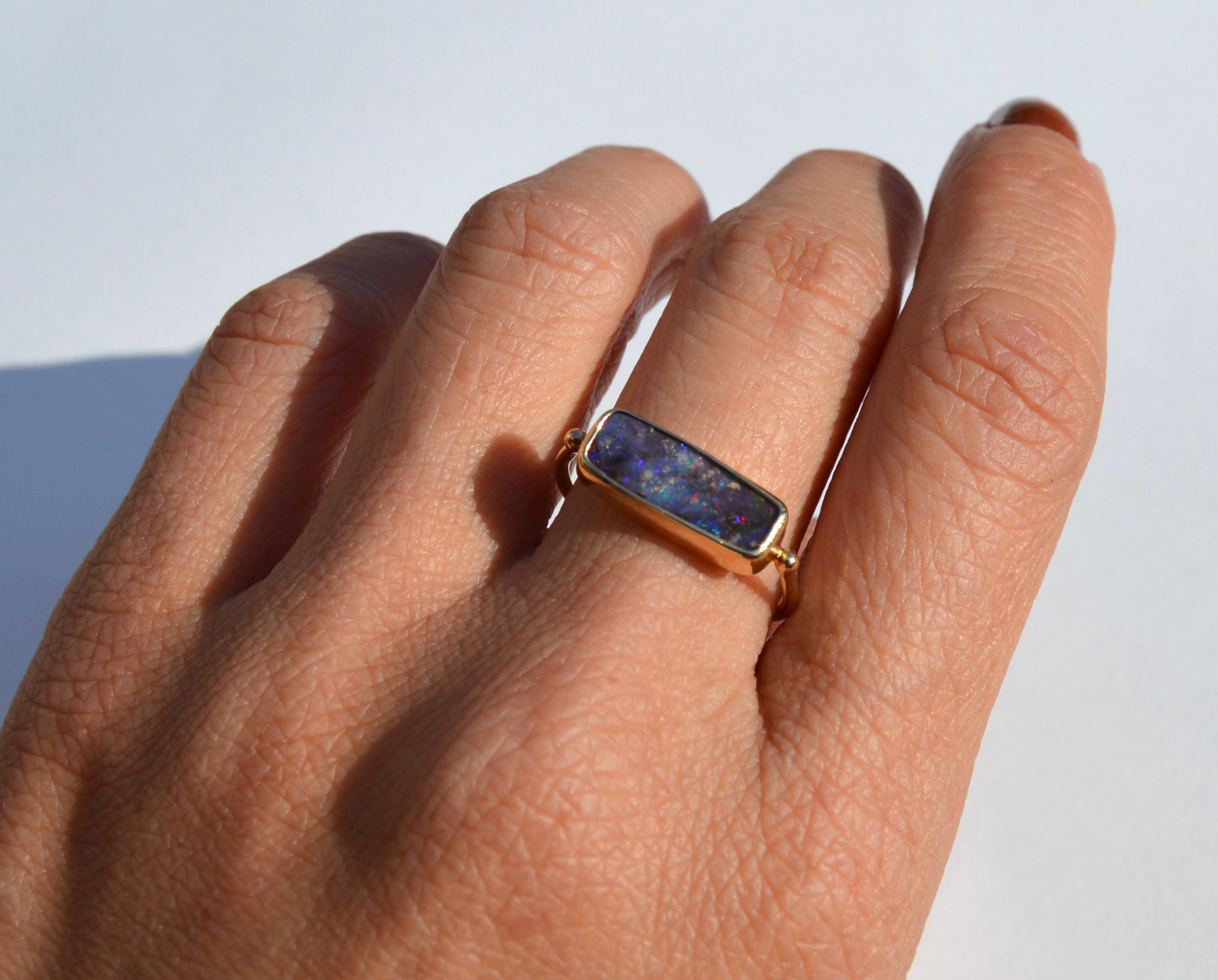 Women's Black Australian Boulder Opal East West 14 Karat Gold Signet Ring