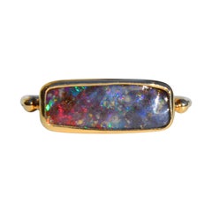 Black Australian Boulder Opal East West 14 Karat Gold Signet Ring