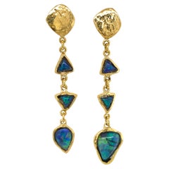 Black Australian Opal Dangle Post Earrings in 18 Karat Yellow Gold