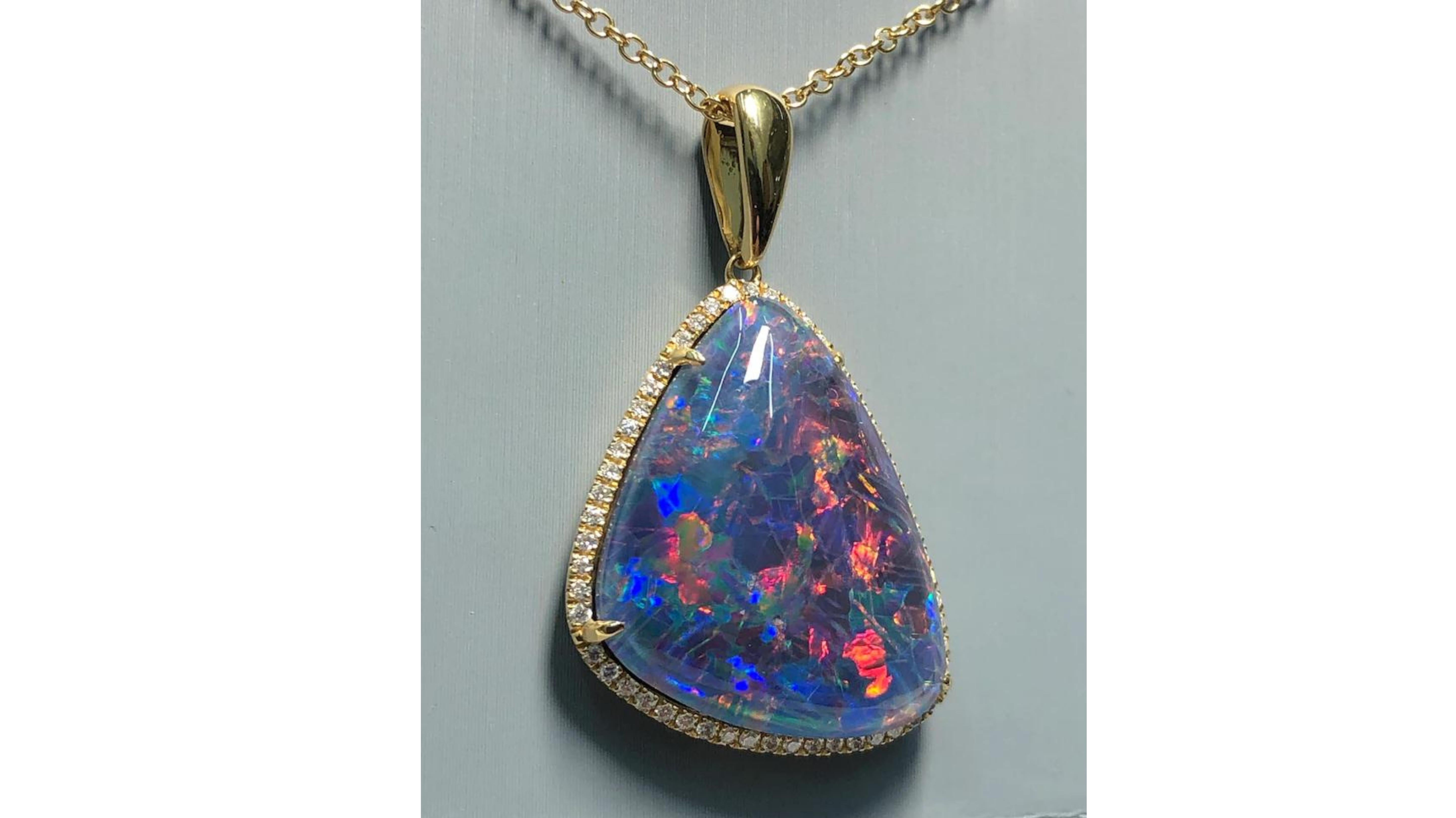 Contemporary Black Australian Opal Diamond Necklace 18 Karat White Gold