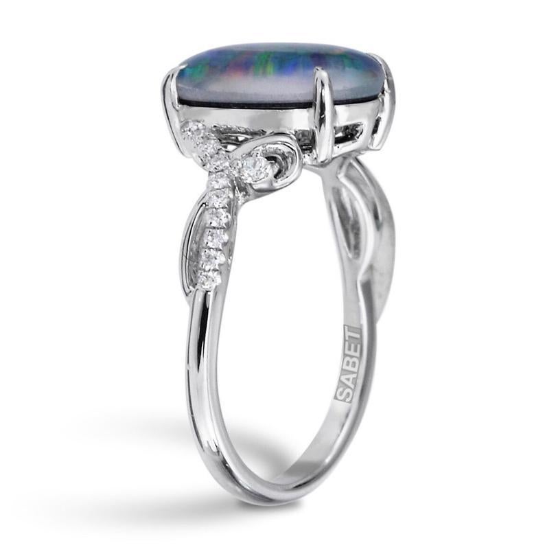 Art Deco Black Australian Opal Diamond Ring 18 Karat White Gold For Sale