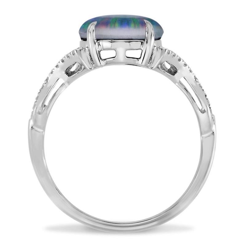 Oval Cut Black Australian Opal Diamond Ring 18 Karat White Gold For Sale