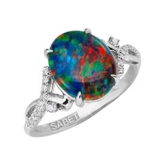 Black Australian Opal Diamond Ring 18 Karat White Gold