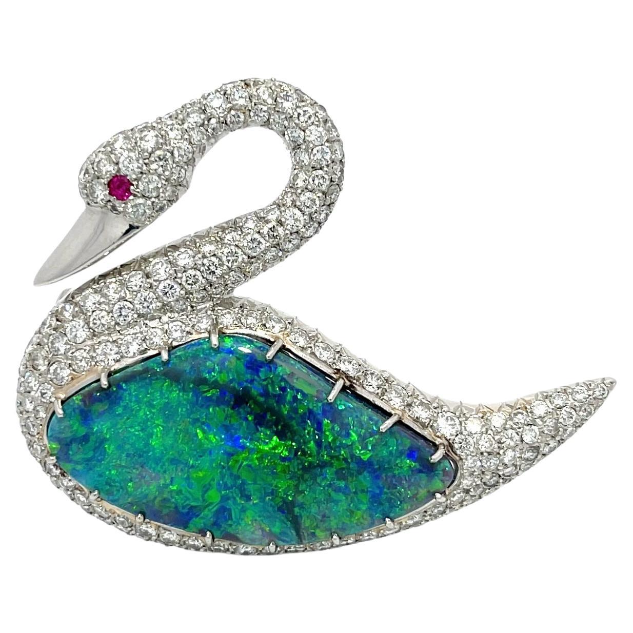 Black Australian Opal & Diamond Swan Brooch/Pendant Platinum For Sale