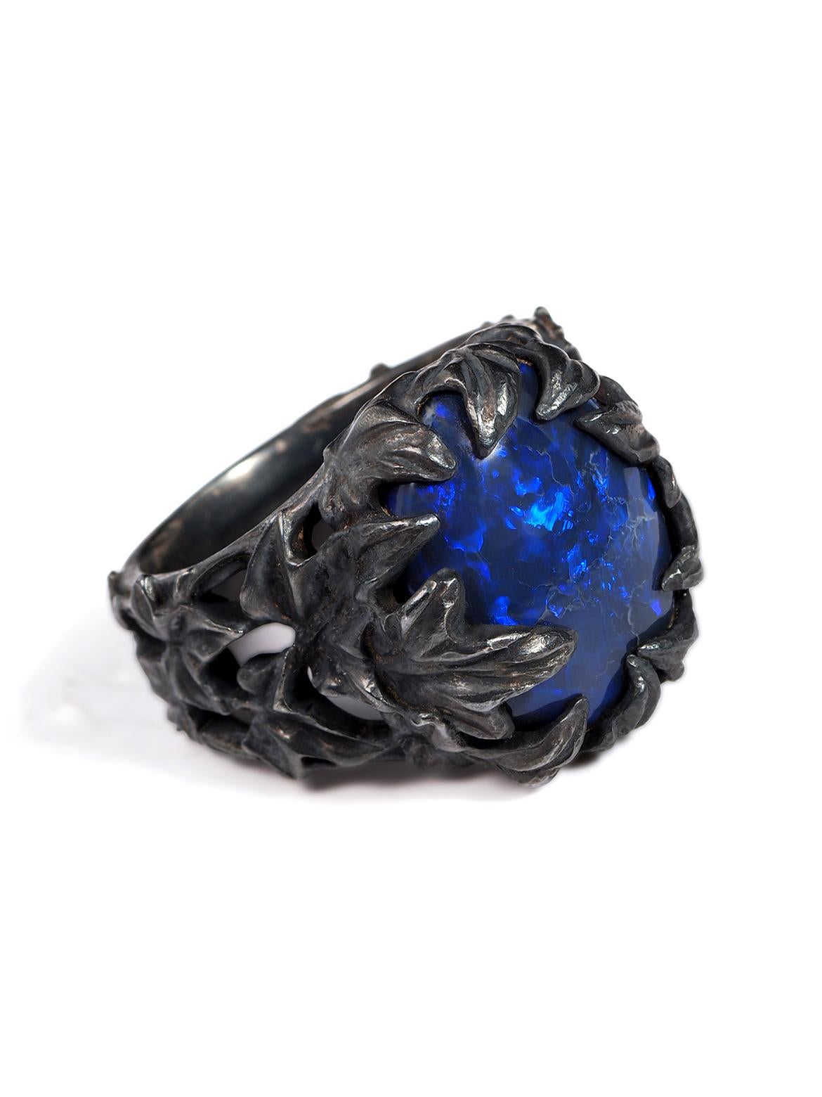 Black Australian Opal Ivy Ring Patinated black silver anniversary gift special For Sale 5