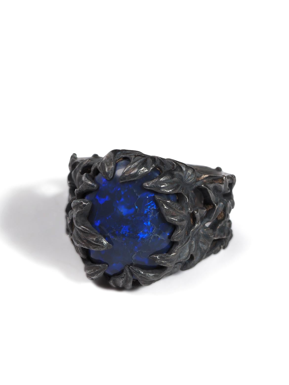 Black Australian Opal Ivy Ring Patinated black silver anniversary gift special For Sale 6
