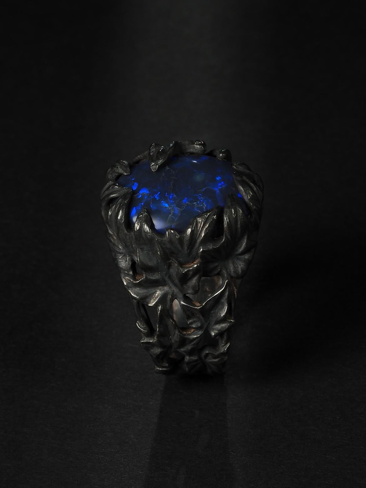 Artisan Black Australian Opal Ivy Ring Patinated black silver anniversary gift special For Sale