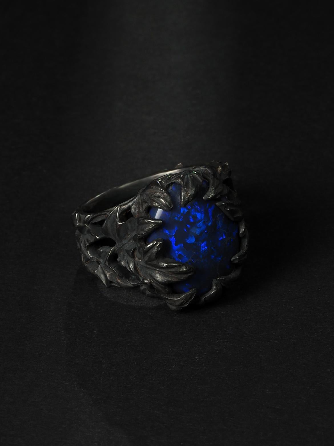 Oval Cut Black Australian Opal Ivy Ring Patinated black silver anniversary gift special For Sale