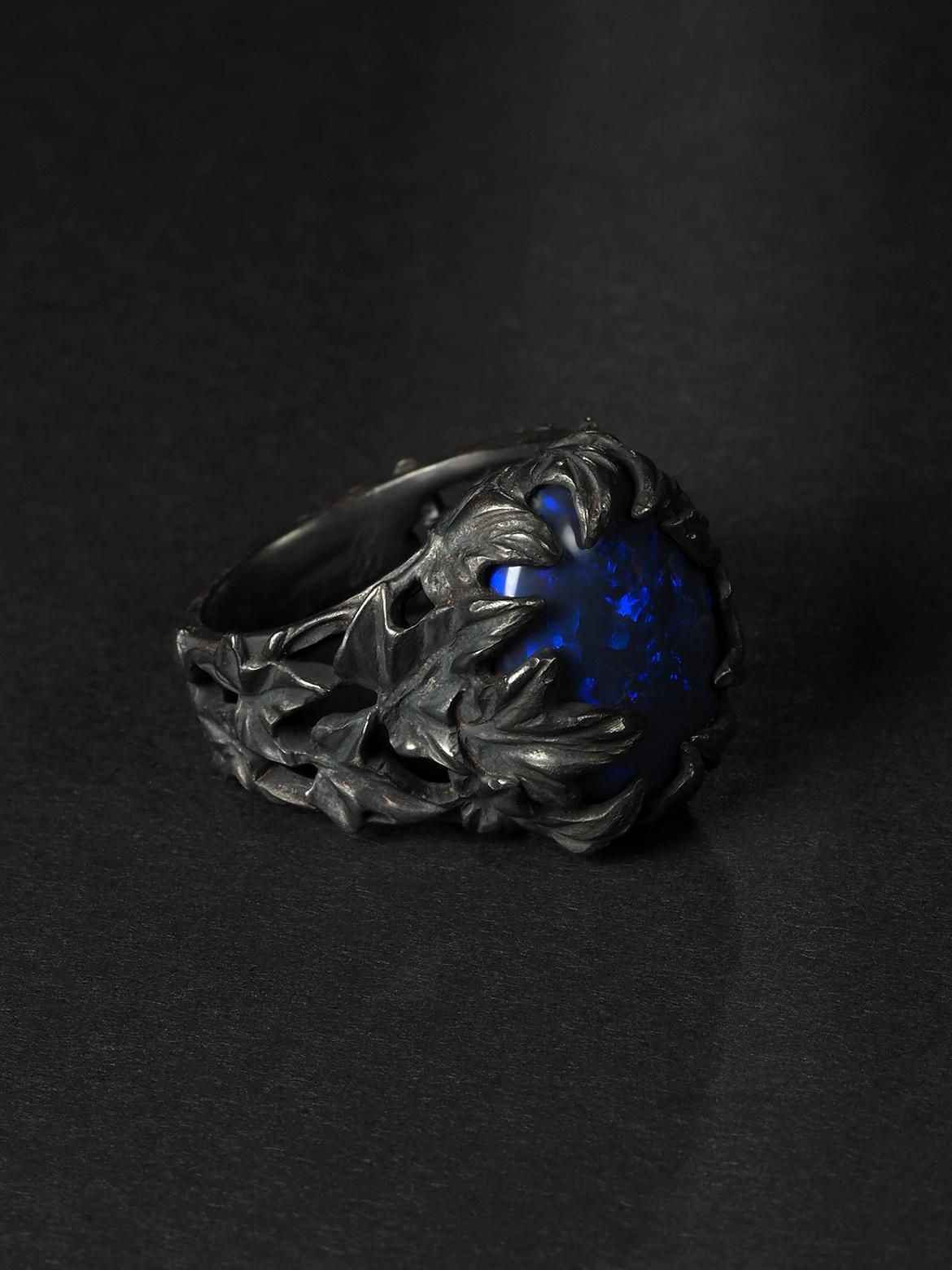 Women's or Men's Black Australian Opal Ivy Ring Patinated black silver anniversary gift special For Sale