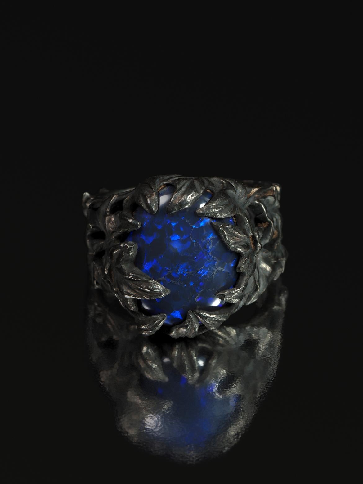 Black Australian Opal Ivy Ring Patinated black silver anniversary gift special For Sale 1